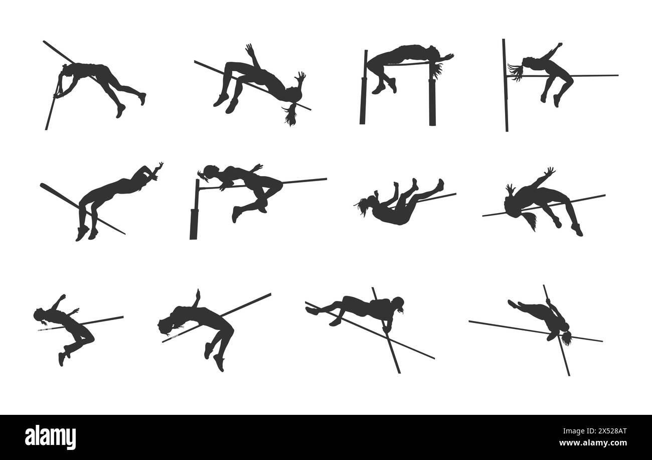 Silhouette per salto alto femminile, silhouette per salto alto, silhouette per salto alto atleta, silhouette per salto alto femminile. Illustrazione Vettoriale