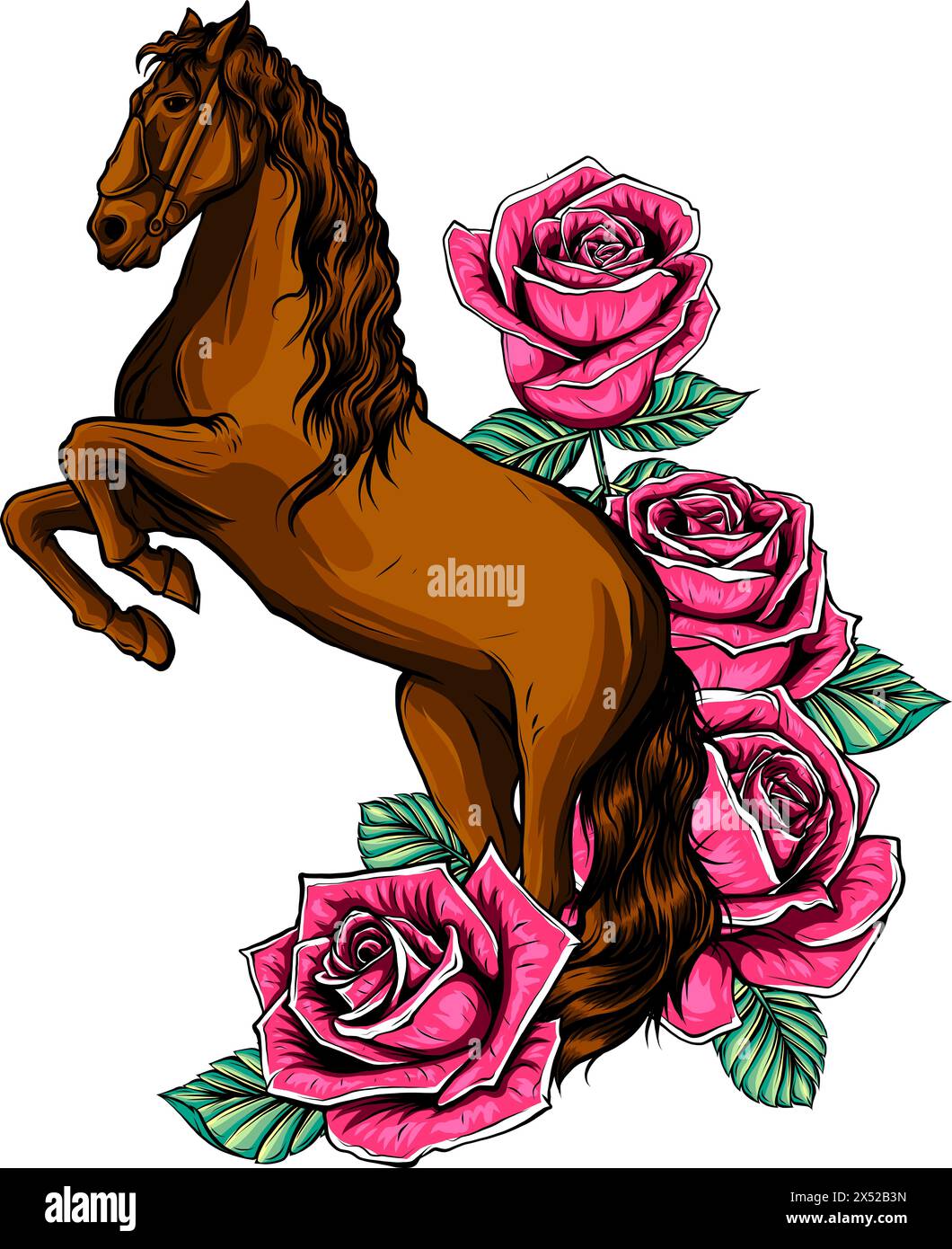 illustrazione vettoriale di cavallo colorato con rose su sfondo bianco. disegno digitale Illustrazione Vettoriale