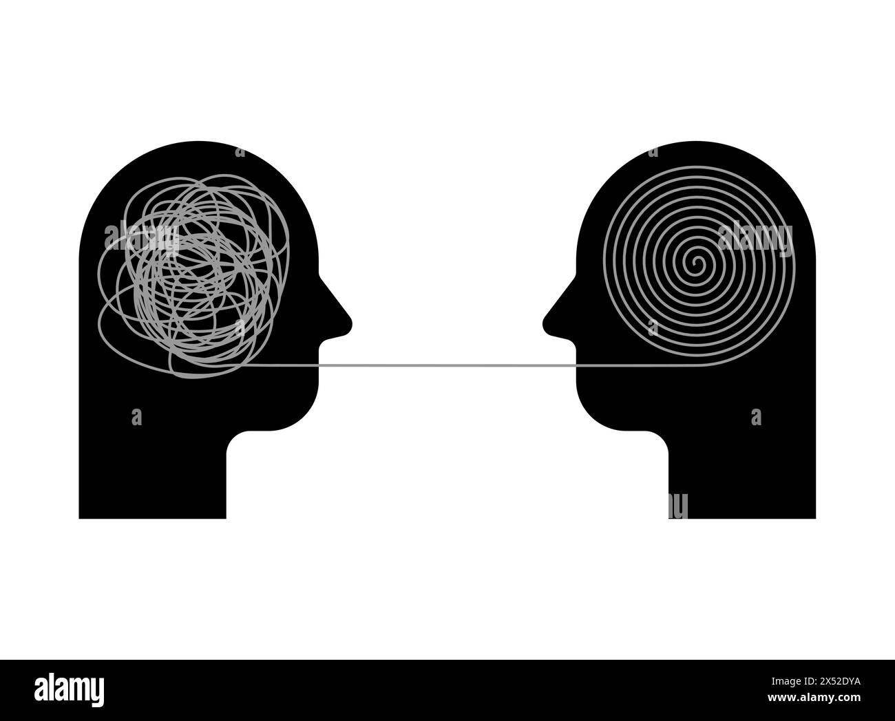psicoterapia della salute mentale. Pensieri confusi e pensieri strutturati nella testa. Groviglio nella testa e nella spirale Illustrazione Vettoriale