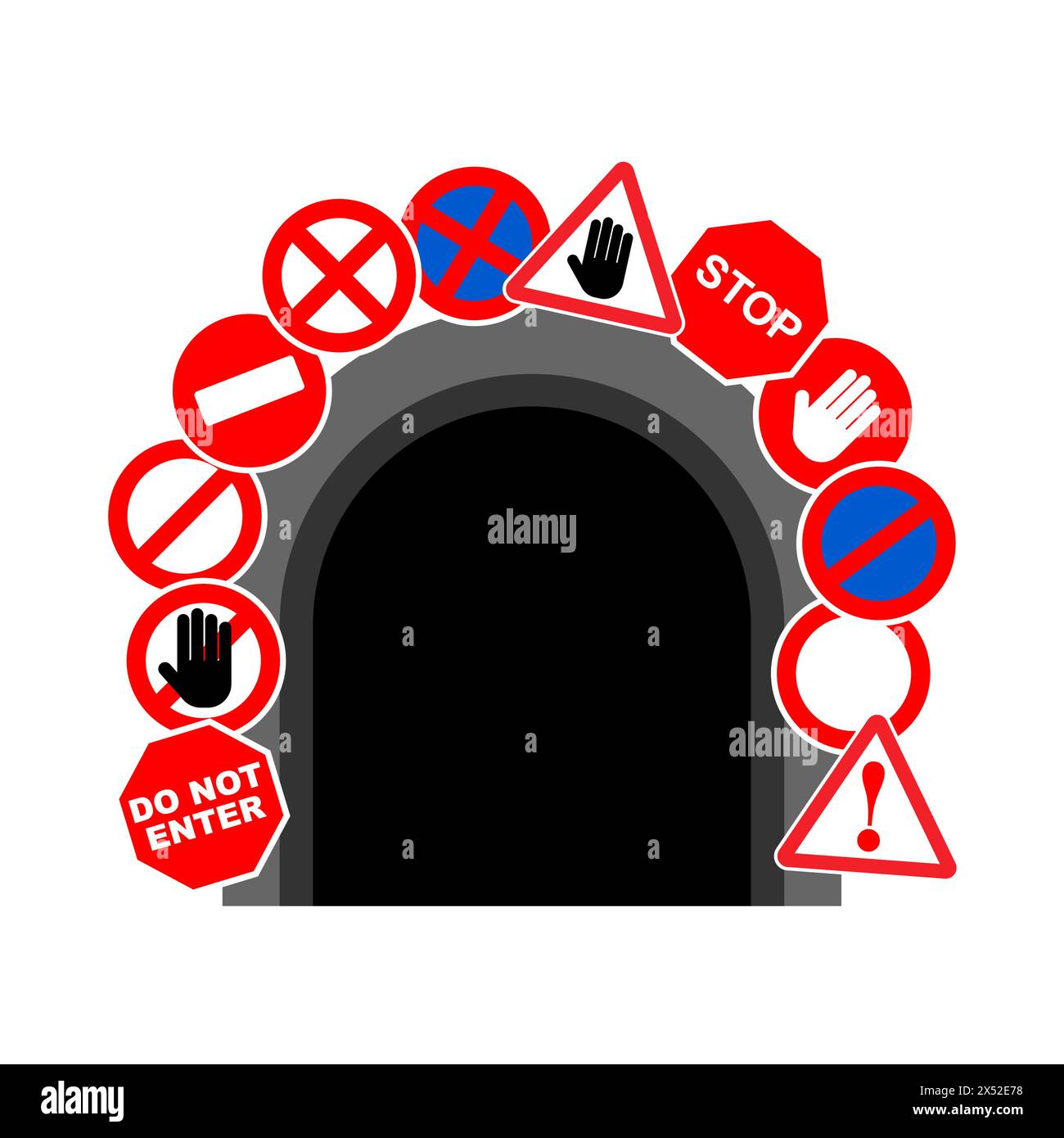Tunnel pericoloso con cartelli di divieto. Segnali di attenzione e pericolo. È vietato entrare nel tunnel. Illustrazione Vettoriale