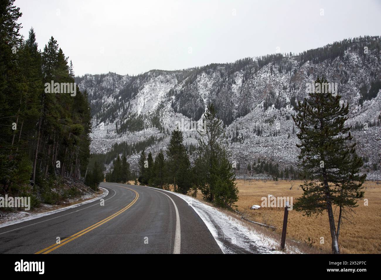 Strada attraverso le montagne del parco nazionale di Yellowstone. Foto Stock