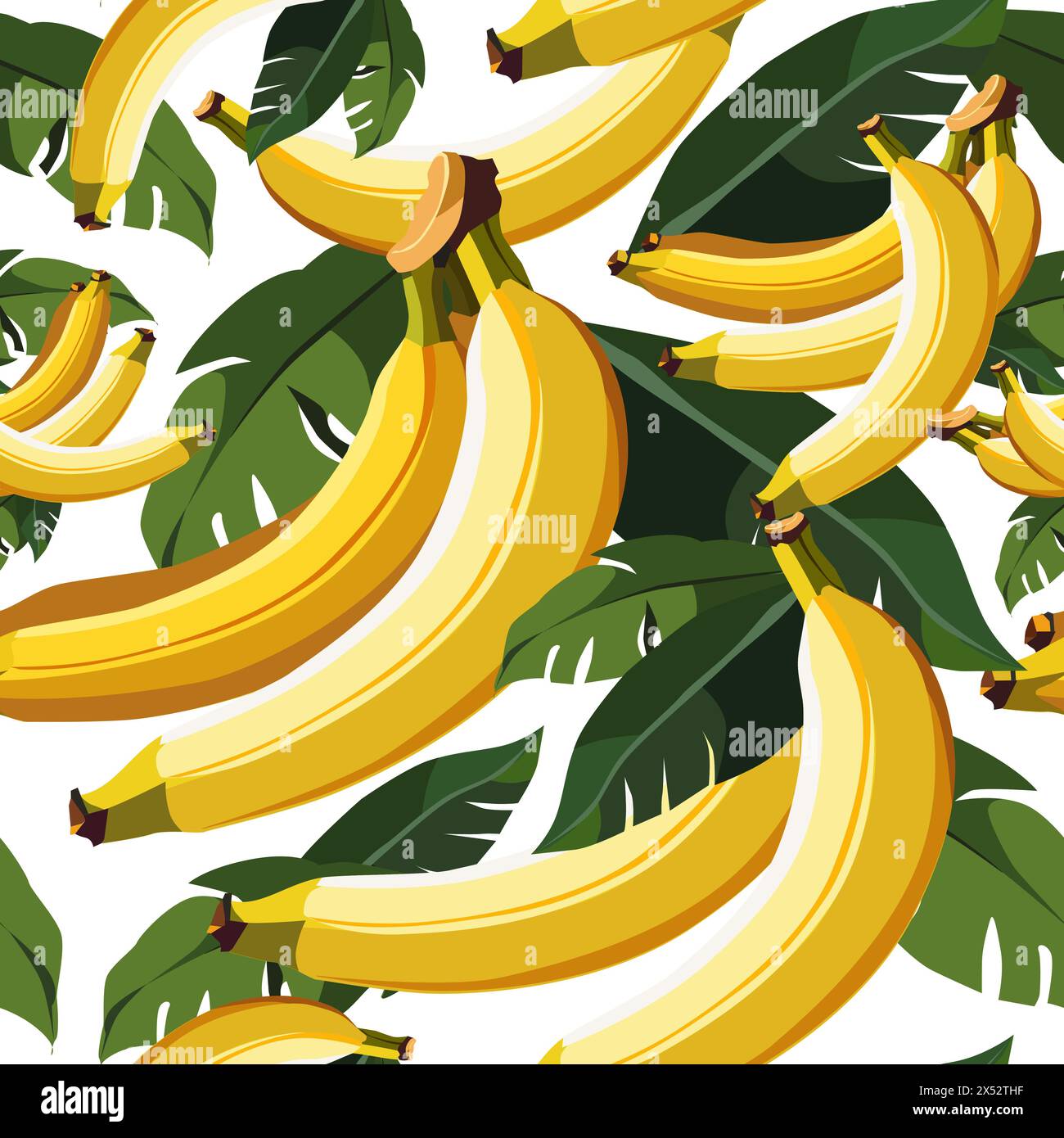 Motivo vettoriale senza cuciture con banane gialle e foglie verdi. Illustrazione isolata su sfondo bianco. Design di frutta estiva per tessuti, tessuti, letti Illustrazione Vettoriale