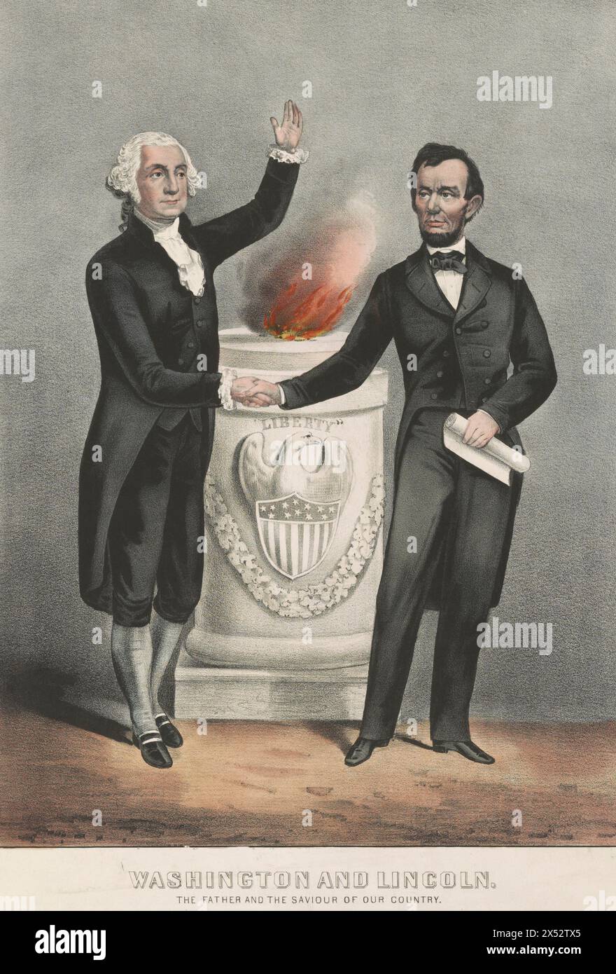 Washington e Lincoln. Il padre e il salvatore del nostro paese, George Washington e Abraham Lincoln stringono la mano di fronte al monumento, su cui c'è un'aquila e uno scudo, e in cima al quale c'è una fiamma, 1865 Foto Stock