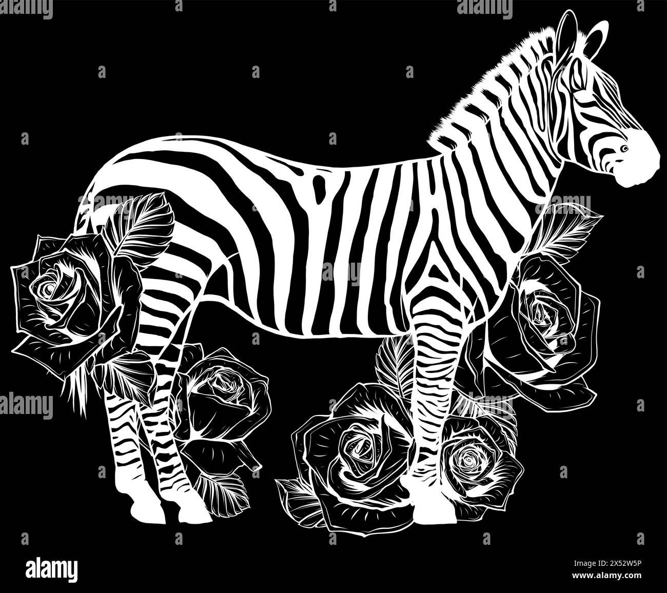 silhouette bianca di zebra con rose su sfondo nero disegno vettoriale Illustrazione Vettoriale