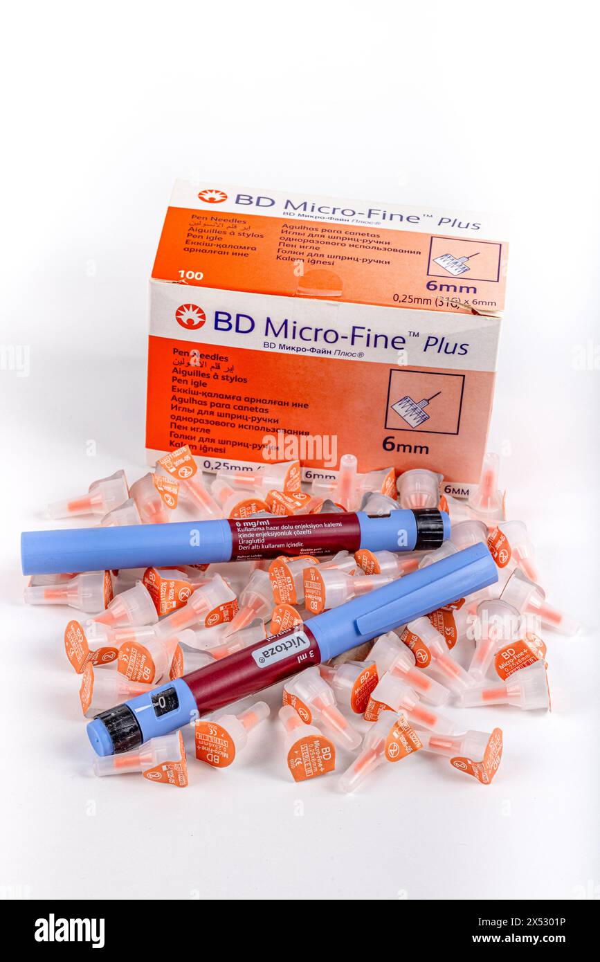 Istanbul Turchia 27 aprile 2024; ago a penna BD Micro fine Plus 0,25 mm (31 G) x 6 mm. Si tratta di un ago a penna per insulina. È venduto in scatole da 100 pezzi. Foto Stock