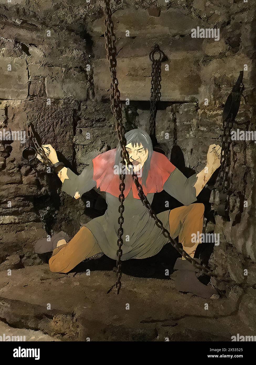 Figurativo raffigura una scena di tortura con messa in catene nel piccolo museo della tortura nella torre del castello della torre Rapunzel della medievale Trendelburg Foto Stock