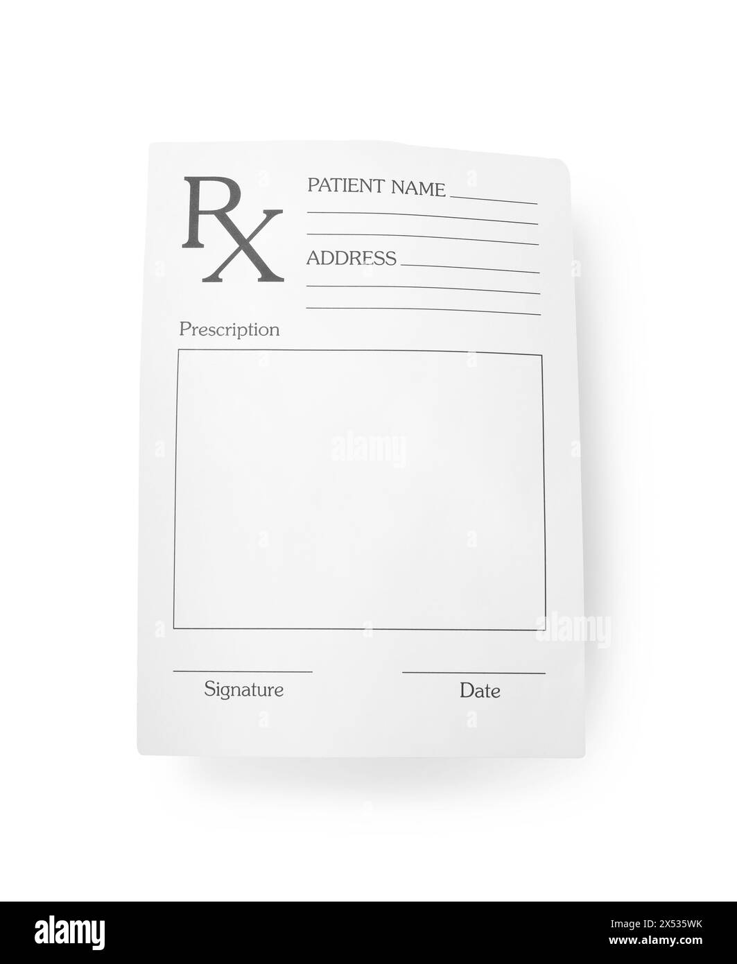 Modulo di prescrizione medica isolato su bianco, vista dall'alto Foto Stock