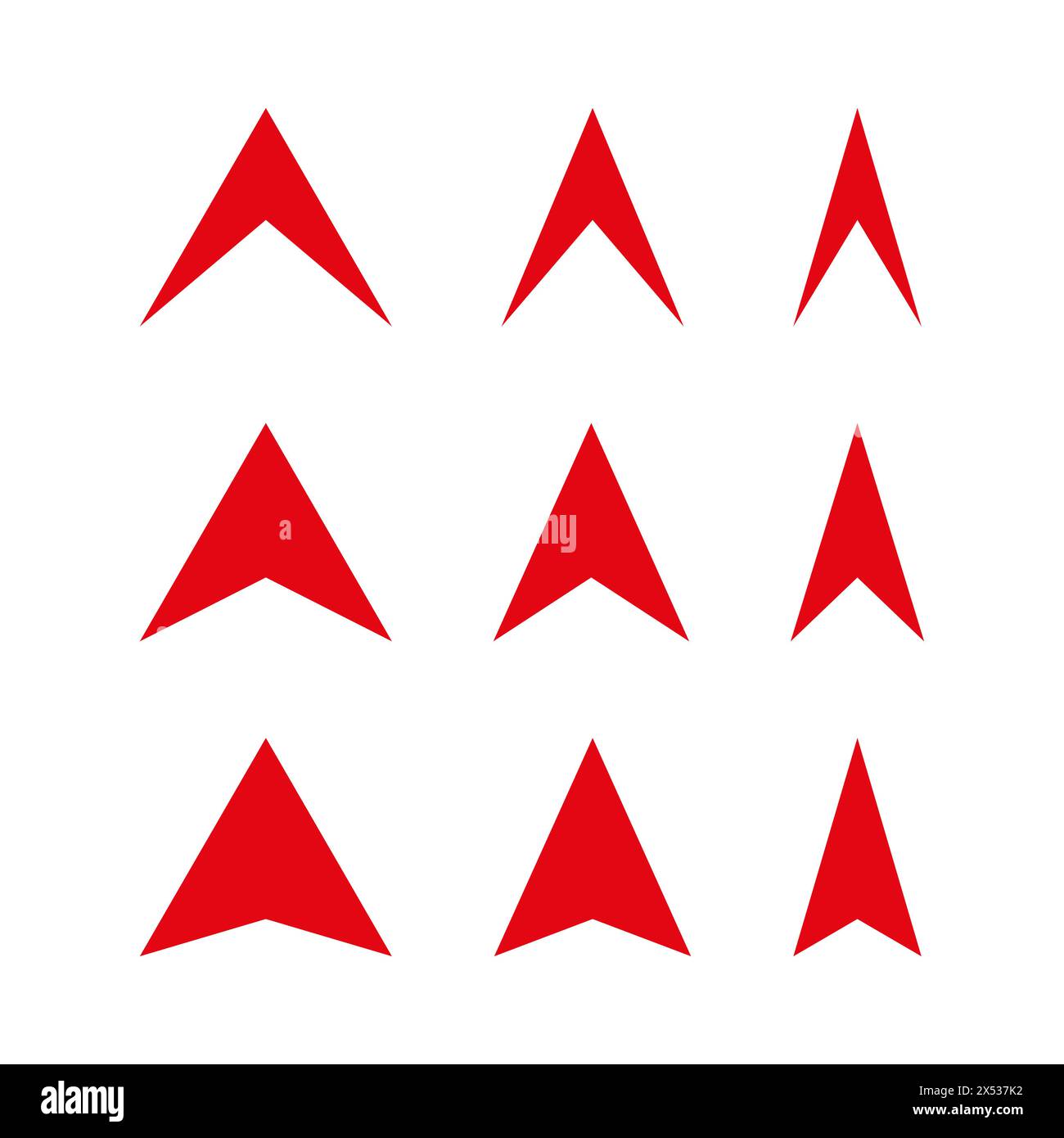 Set di frecce rosse. Simboli direzionali vettoriali. Icone di navigazione rivolte verso l'alto. Illustrazione Vettoriale