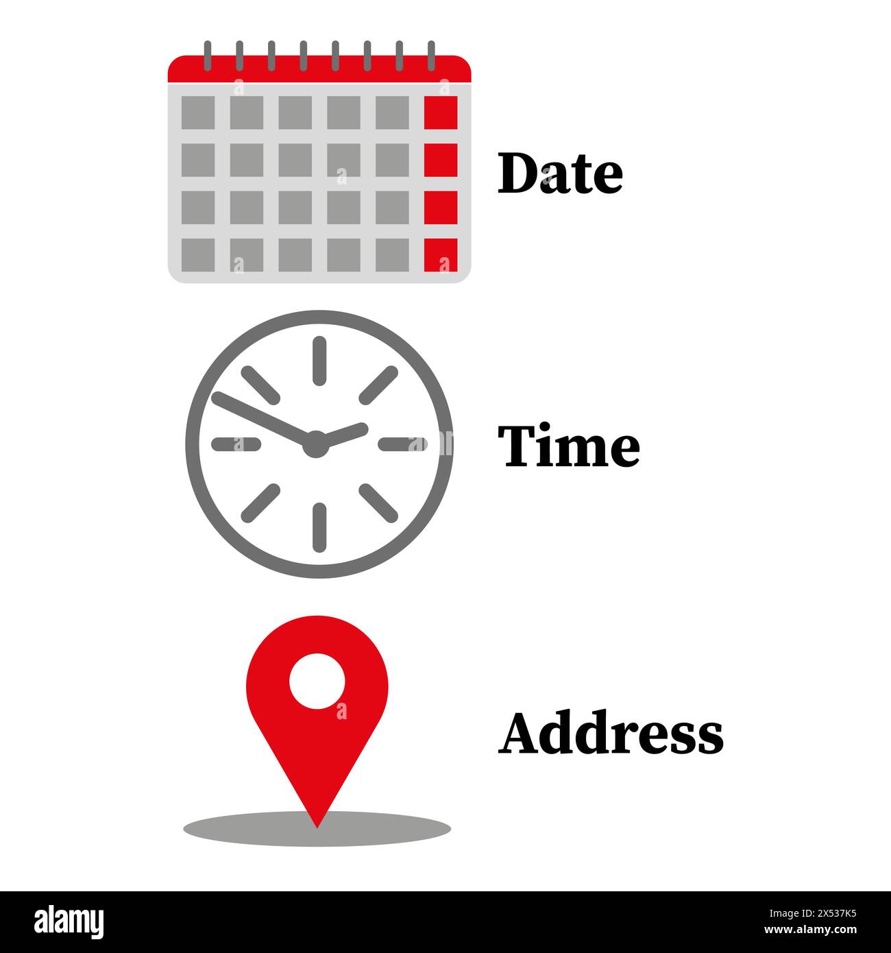 Set di icone degli appuntamenti. Calendario, orologio, spilla di localizzazione. Elementi di pianificazione vettoriale. Illustrazione Vettoriale