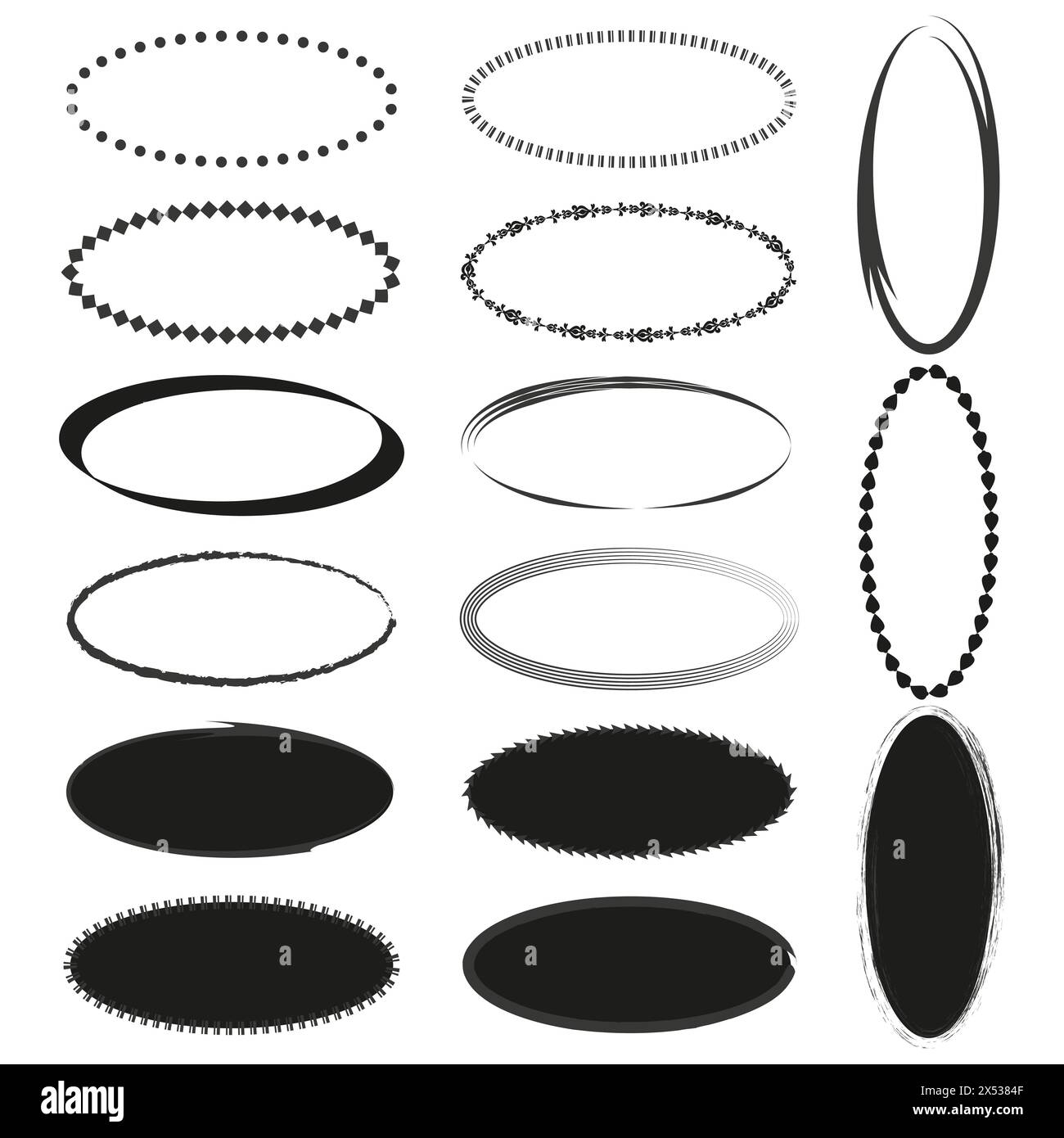Raccolta vettoriale dei fotogrammi ovali. Vari design di bordi ellittici. Set bianco e nero. Illustrazione Vettoriale