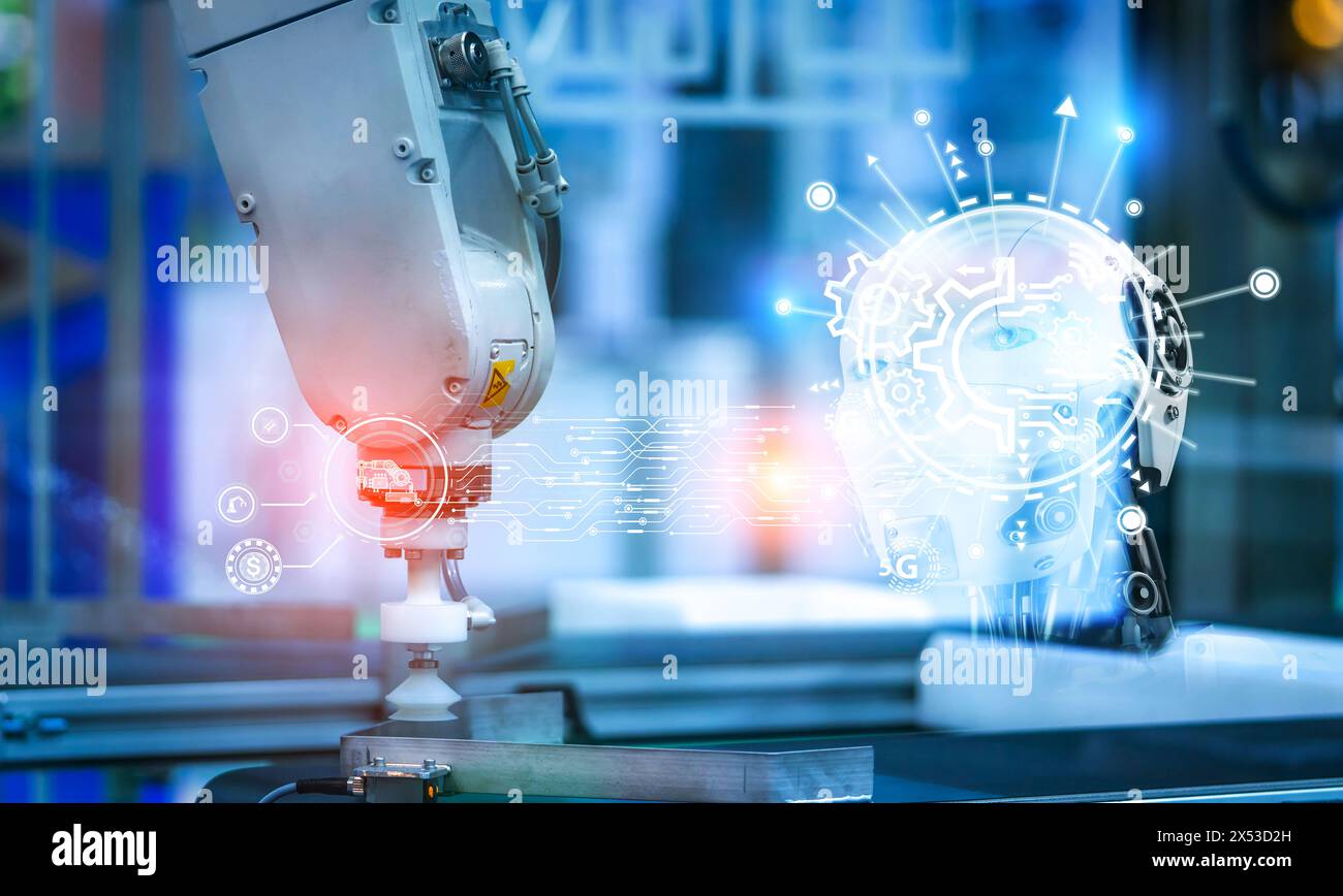 Controllo della macchina manuale robotizzata da parte dell'IA nell'industria manifatturiera. Automazione basata SULL'INTELLIGENZA ARTIFICIALE. Braccio robotico automatico in fabbrica. Controllo DELL'INTELLIGENZA ARTIFICIALE per un'intelligenza Foto Stock