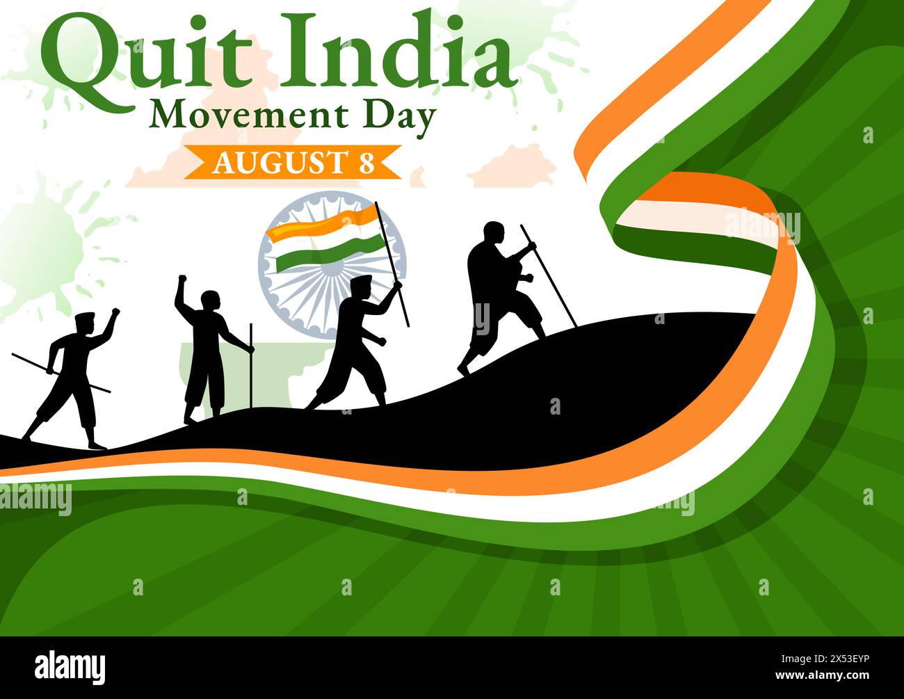 Esci dall'India Movement Day Vector Illustration l'8 agosto con bandiera indiana e silhouette di persone in Flat Cartoon background Design Illustrazione Vettoriale