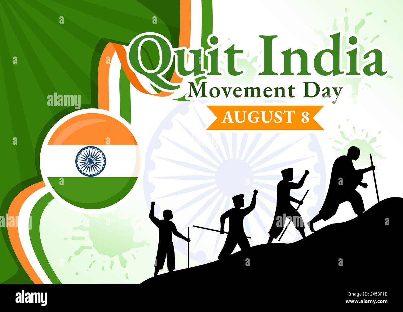 Esci dall'India Movement Day Vector Illustration l'8 agosto con bandiera indiana e silhouette di persone in Flat Cartoon background Design Illustrazione Vettoriale
