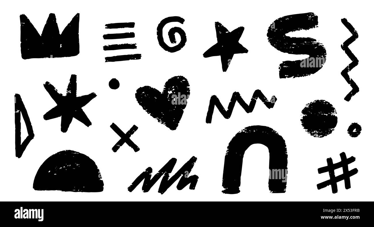 Vernice astratta a forma di pennello. Moderno elemento di collage astratto grafico grunge. Doodle geometrico collage star, corona, forma a cuore. Effetto pennello spray grunge con texture disegnata a mano. Illustrazione vettoriale Illustrazione Vettoriale