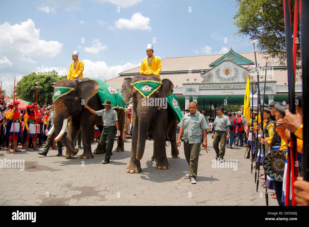 Abdi dalem Yogyakarta Palace cavalcando un elefante durante la grande parata Grebeg per commemorare Eid al-Adha 1435 H.. Foto Stock