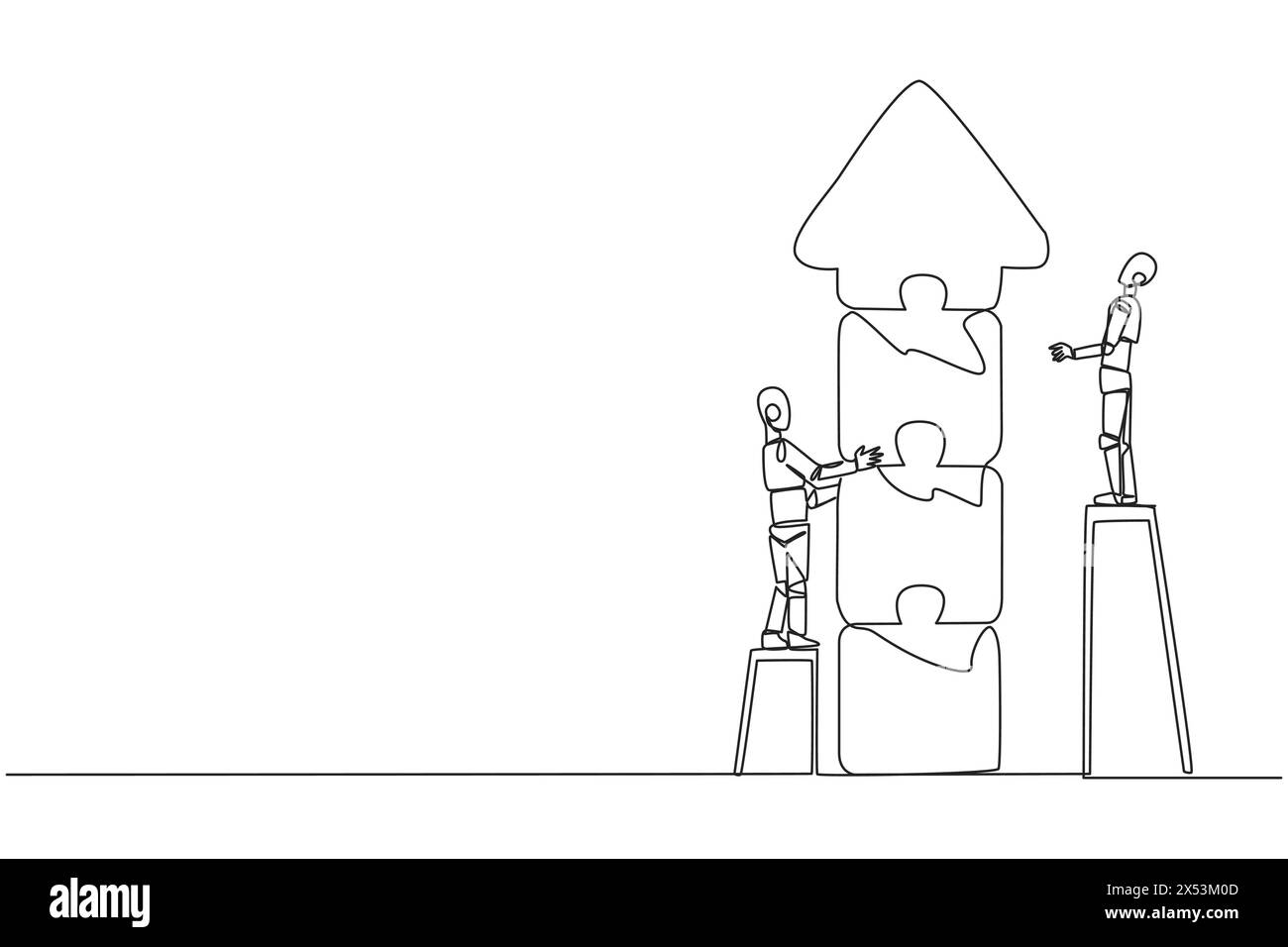 Linea continua singola che disegna due robot che lavorano insieme. Salendo le scale, i due hanno messo insieme un puzzle per formare una freccia verso l'alto. Artificiale Illustrazione Vettoriale