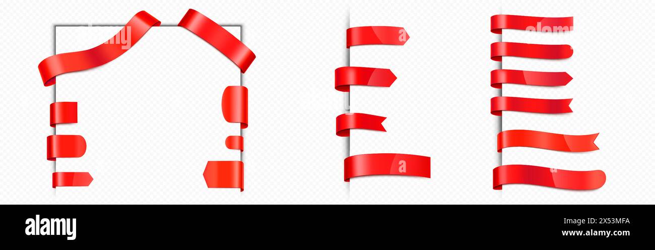 Tag o segnalibro a nastro satinato rosso. Serie di illustrazioni vettoriali 3d realistiche di etichette con angoli e frecce per la vendita e cartelli di sconto. Logo in seta premium per la promozione. Adesivo in tessuto o plastica. Illustrazione Vettoriale