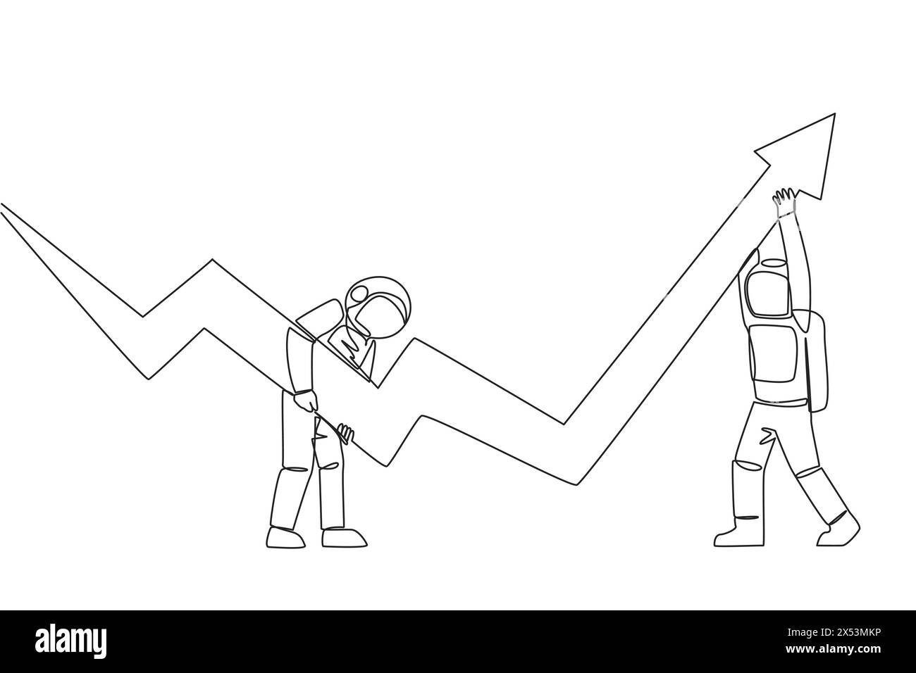 Una sola linea che disegna due astronauti con un grande grafico a freccia. Con il loro lavoro di squadra sperano che il grafico sia sempre in condizioni crescenti. C Illustrazione Vettoriale