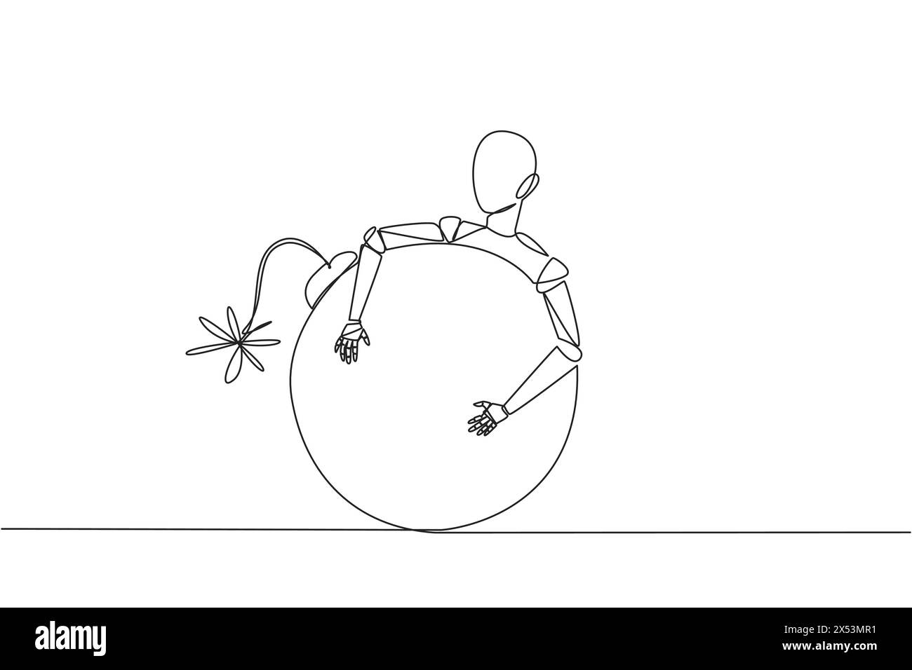 Robot a linea continua singola che abbraccia una bomba di grandi dimensioni con un fusibile bruciato. Robot di squadra bomba. Robot antisommossa. Intelligenza artificiale. Tecno futuro Illustrazione Vettoriale