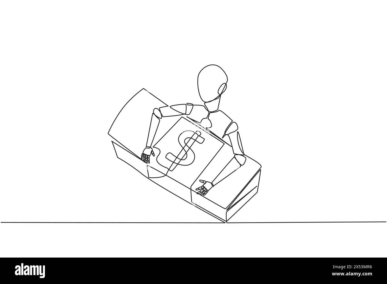 Una sola linea disegna robotica abbracciando una pila di banconote. La scansione automatica impedisce l'uso improprio di denaro. Tecnologia di intelligenza artificiale del futuro conc Illustrazione Vettoriale