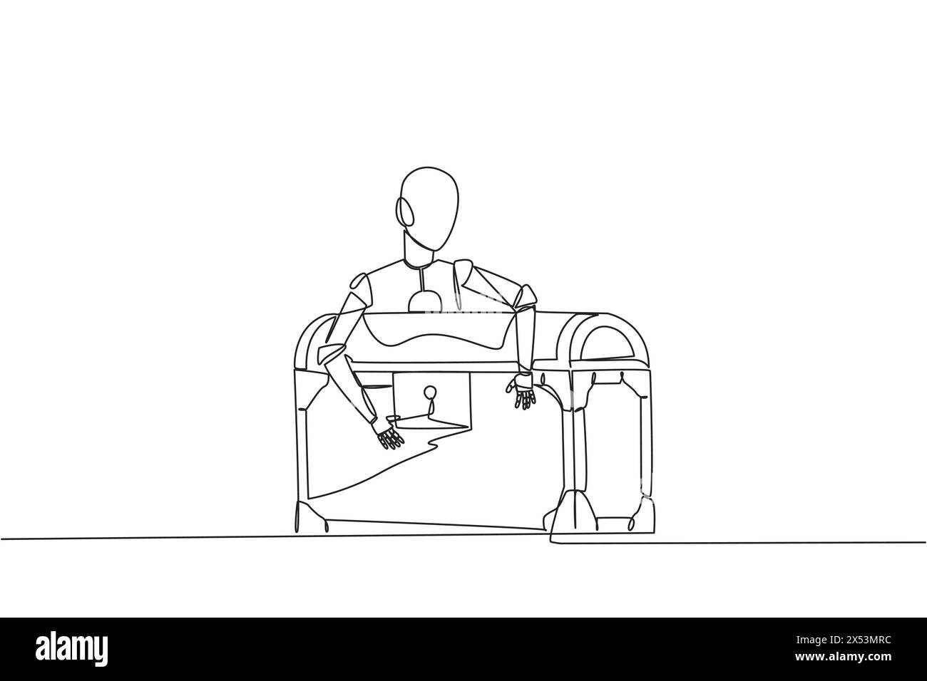 Linea singola continua che disegna robotica abbracciando il forziere del tesoro. Sono state eseguite delle scansioni per determinare quanto antichi fossero gli oggetti all'interno. Tecnol futuro Illustrazione Vettoriale