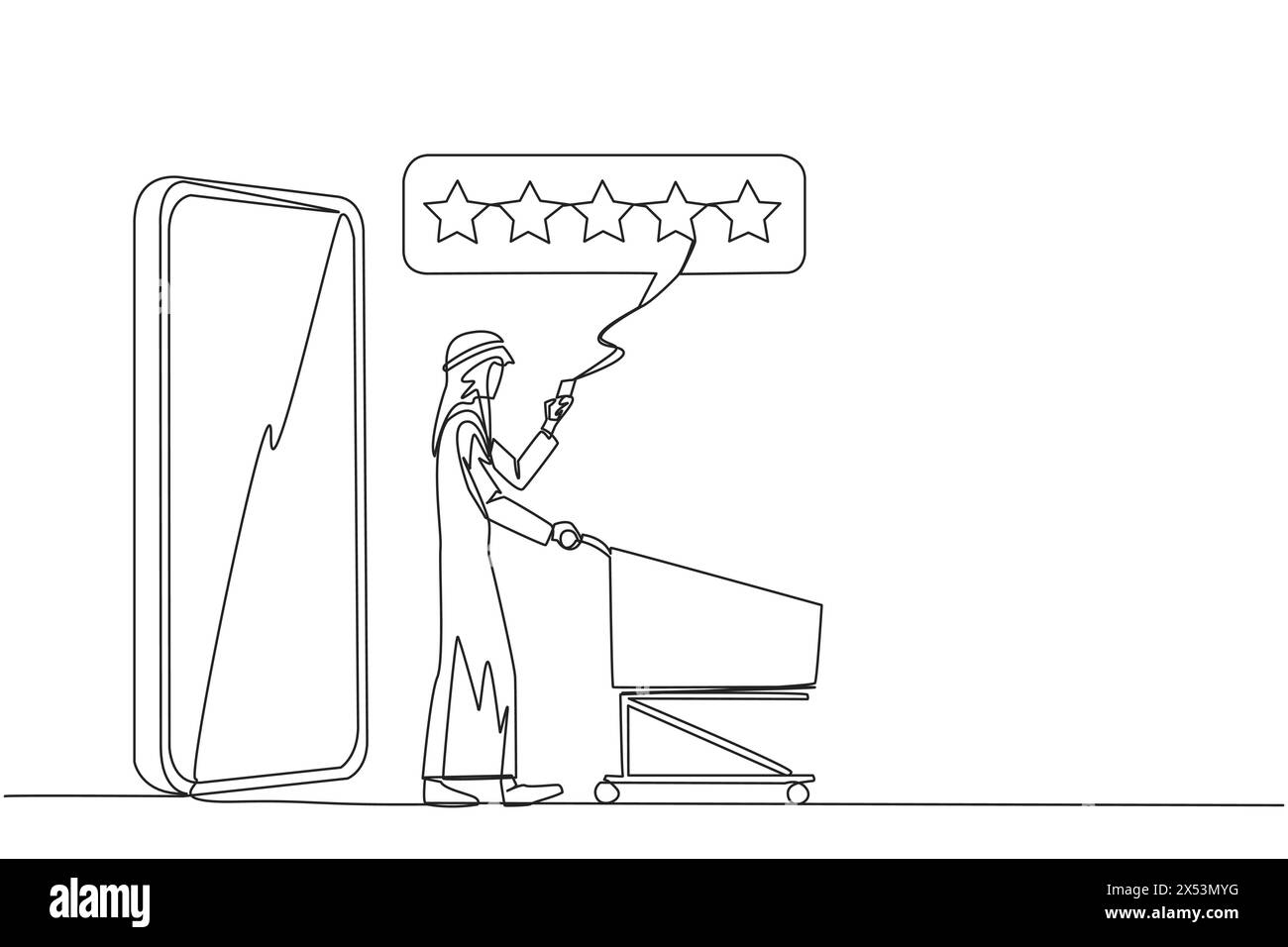 Una sola linea che disegnava Happy Arabian man uscì da un grande smartphone mentre spingeva un carrello della spesa. Recensione di cinque stelle. Commercio elettronico. Revie Illustrazione Vettoriale