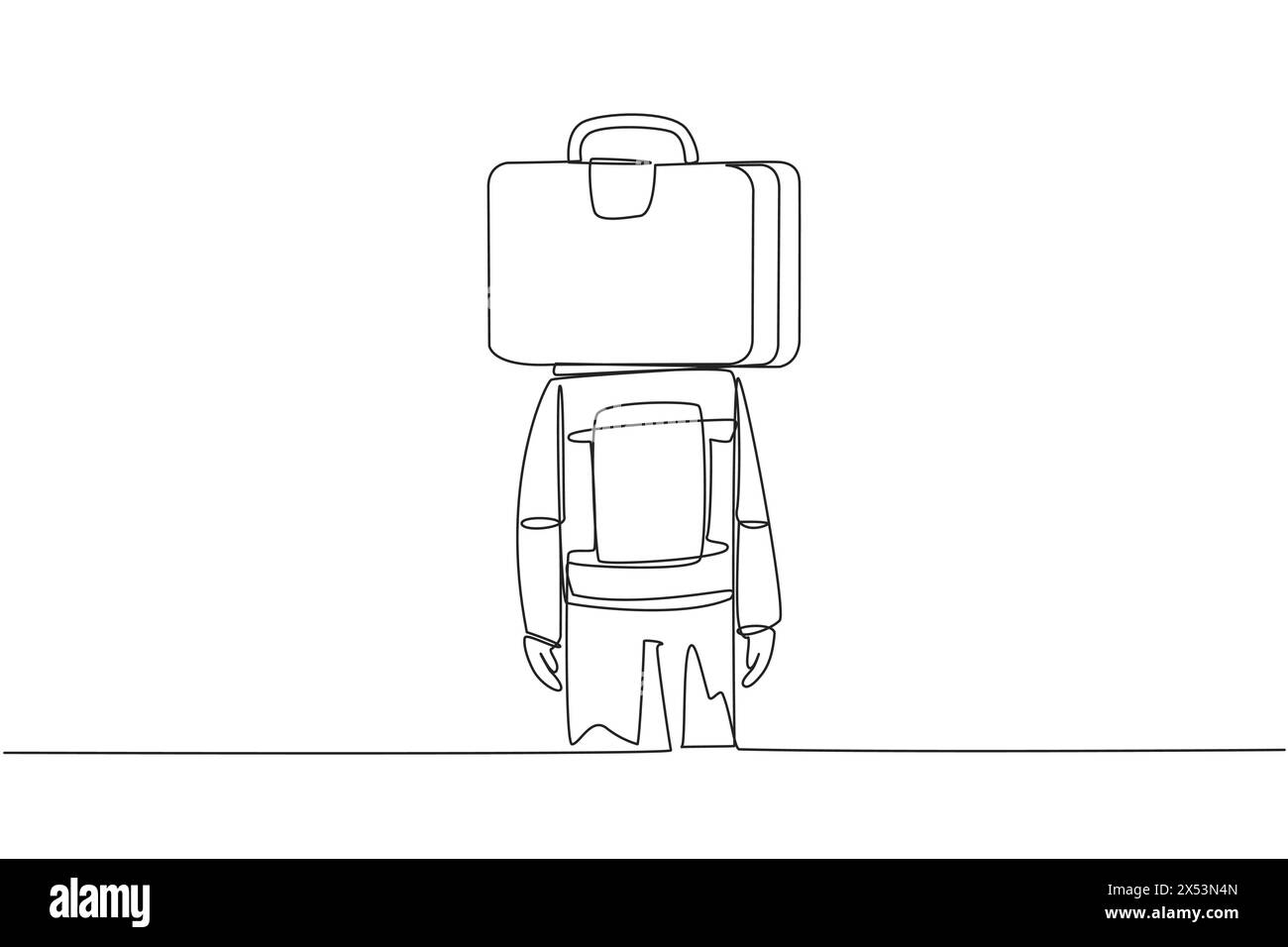 Linea singola continua che disegna un giovane astronauta con valigetta invece della testa, in piedi rivolti in avanti. Pensa sempre alla spedizione sulla superficie lunare. GA Illustrazione Vettoriale