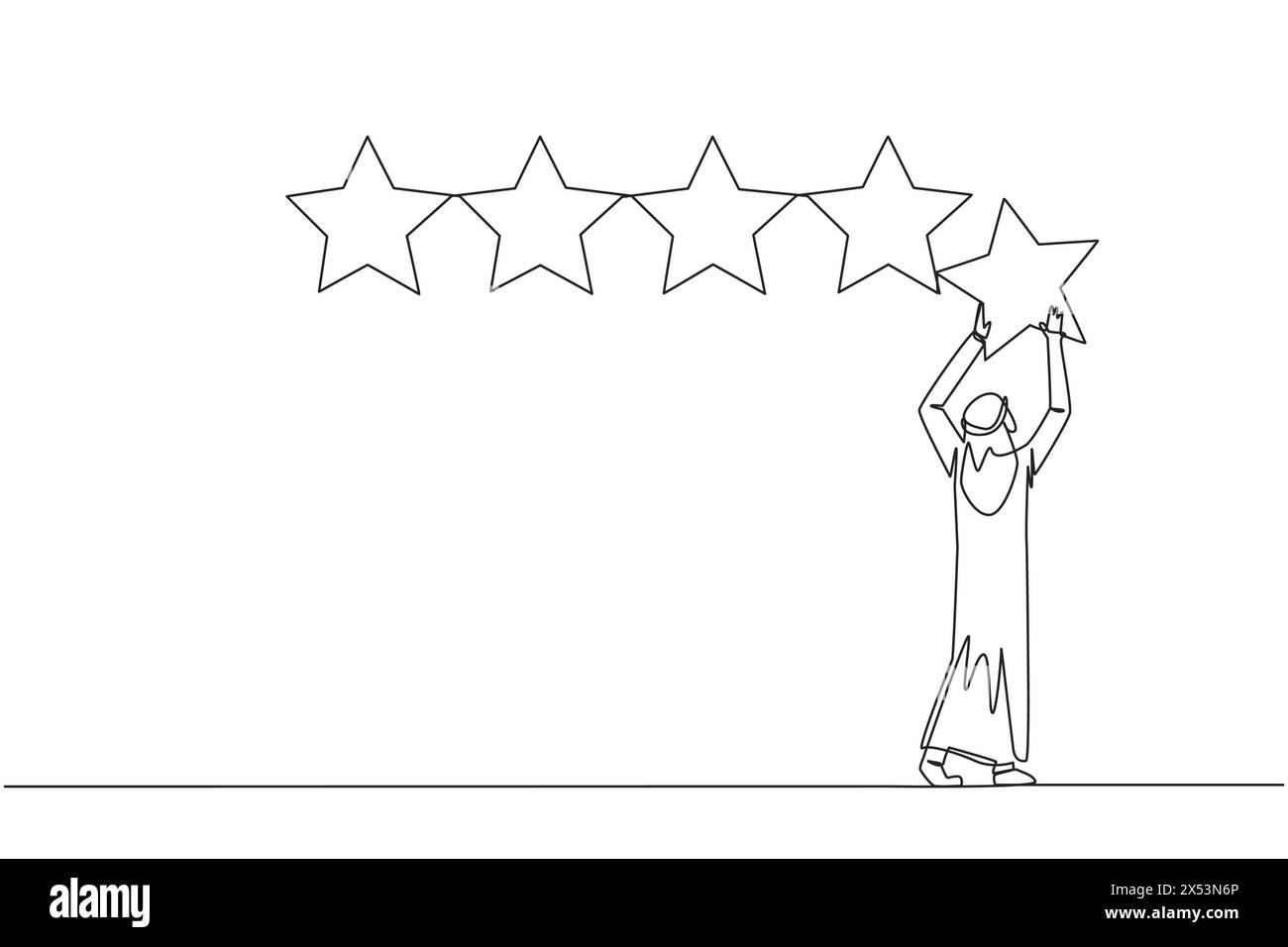 Linea singola continua che disegna un giovane arabo che regge una stella con entrambe le mani e la incolla per formare 5 stelle di fila. Fornisci la migliore recensione. O Illustrazione Vettoriale