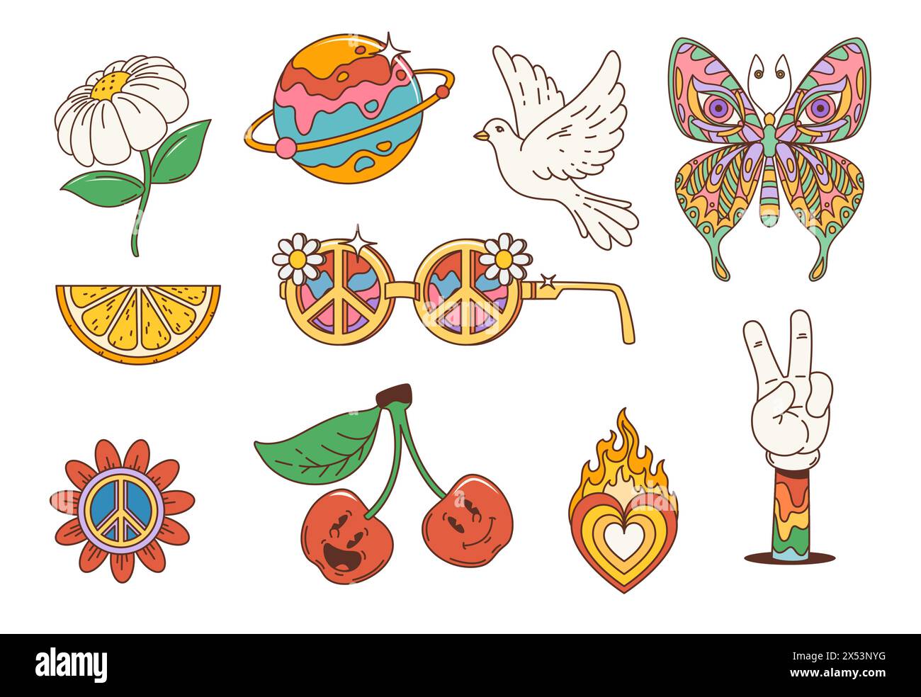 Simboli cartoni animati hippie retrò. Fiore vettoriale, cuore arcobaleno e occhiali da sole con simbolo di pace. Farfalla psichedelica d'annata, margherite, frutti di ciliegio e limone, pianeta, gesto della mano della vittoria Illustrazione Vettoriale