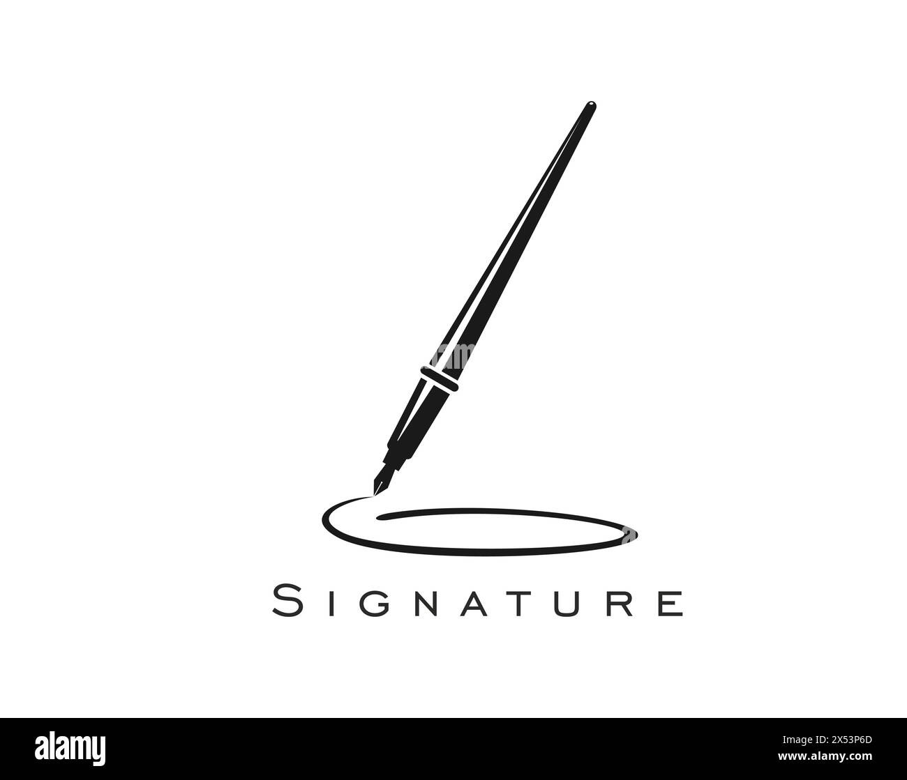 Icona a forma di penna a inchiostro per l'ufficio legale dello scrittore o notaio, emblema vettoriale. Penna stilografica a inchiostro e simbolo della firma per lo studio legale o legale o autore scrittore e casa editrice di libri o cartello notarile Illustrazione Vettoriale