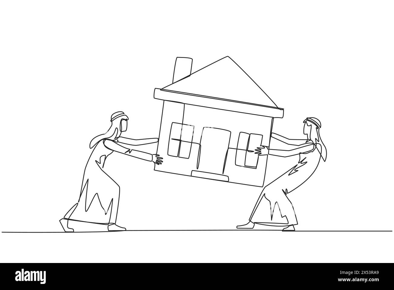 Una linea continua che disegna due affezionati uomini d'affari arabi che lottano per una casa in miniatura. Concetto di lottare per una casa lussuosa che davvero Illustrazione Vettoriale