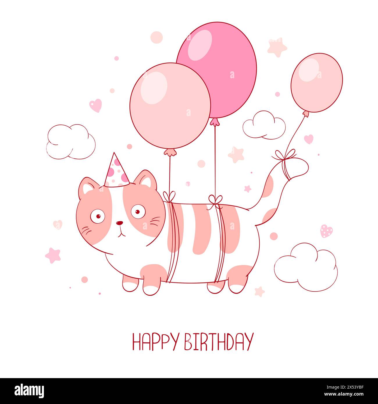 Tessera vacanza con gatto in un cappello che vola su palloncini. Buon compleanno con simpatici gatti grassi. Biglietto di compleanno verticale con gatto adorabile. Illustrazione vettoriale Foto Stock