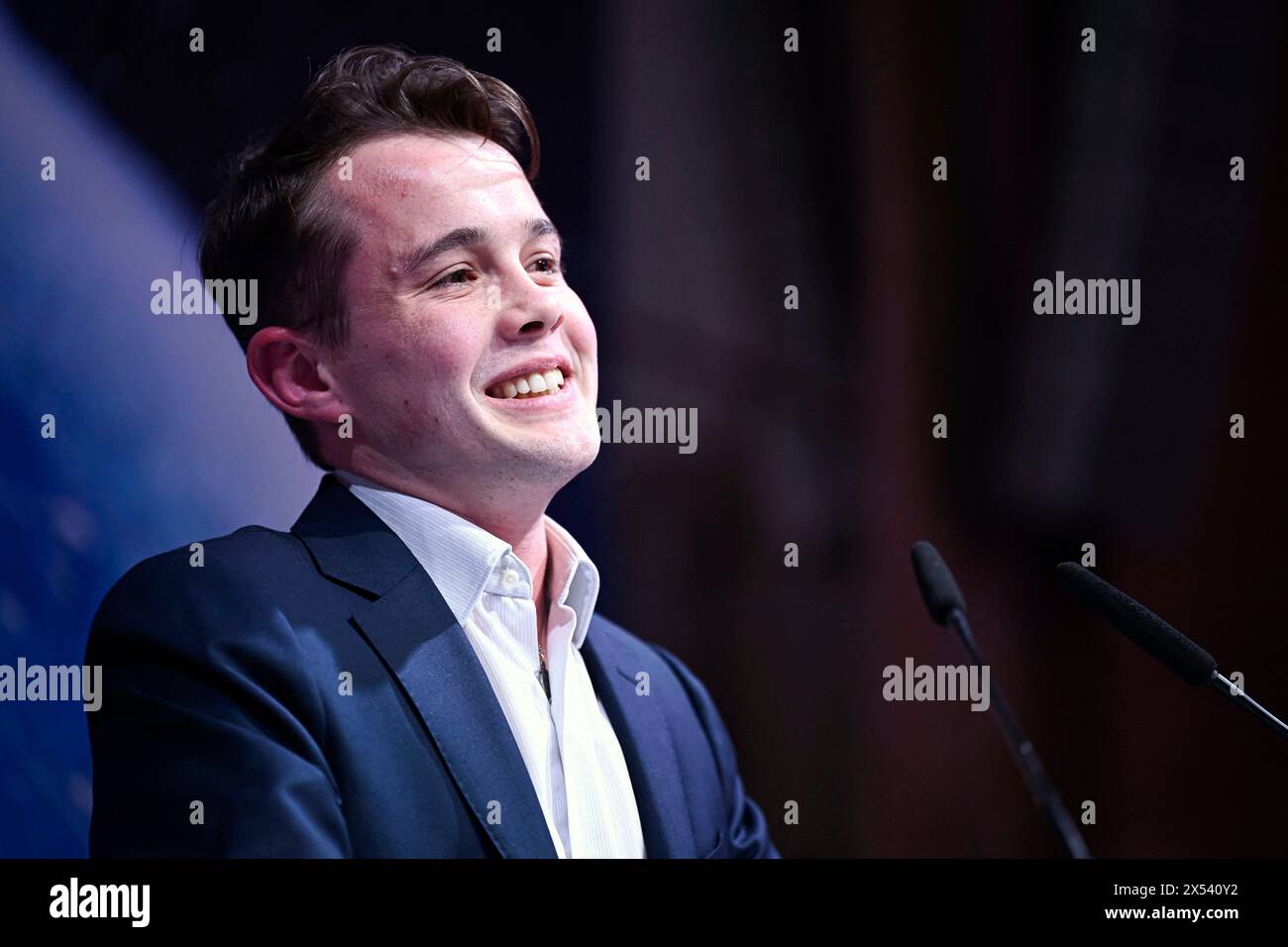 Stanislas Rigault durante un incontro elettorale del partito Reconquete per le prossime elezioni parlamentari dell'unione europea (UE) previste per giugno 2024, a Parigi, in Francia, il 6 maggio 2024. Foto di Victor Joly/ABACAPRESS. COM Foto Stock