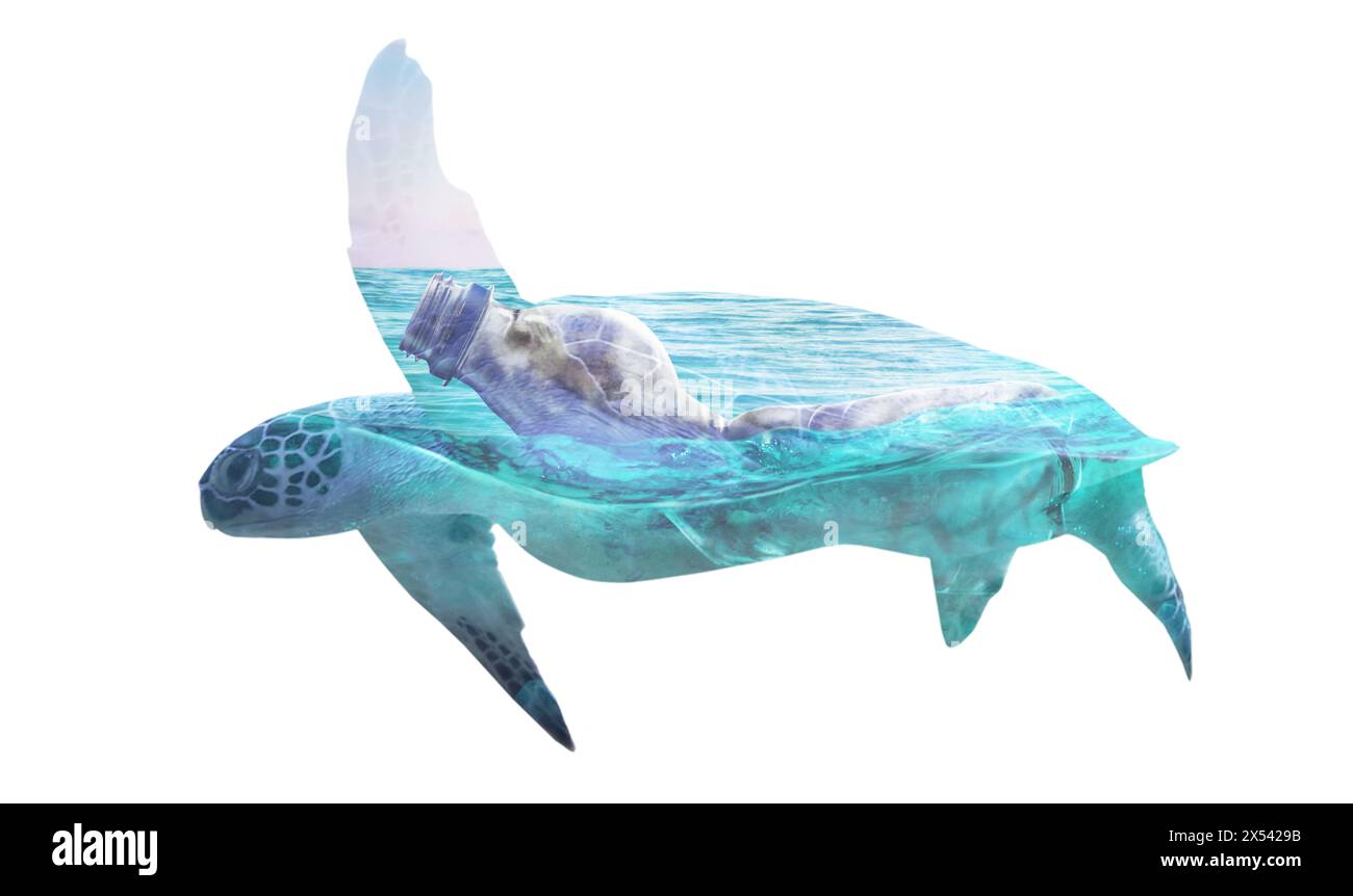 Spazzatura di plastica nell'oceano e nella tartaruga, doppia esposizione. Inquinamento ambientale Foto Stock