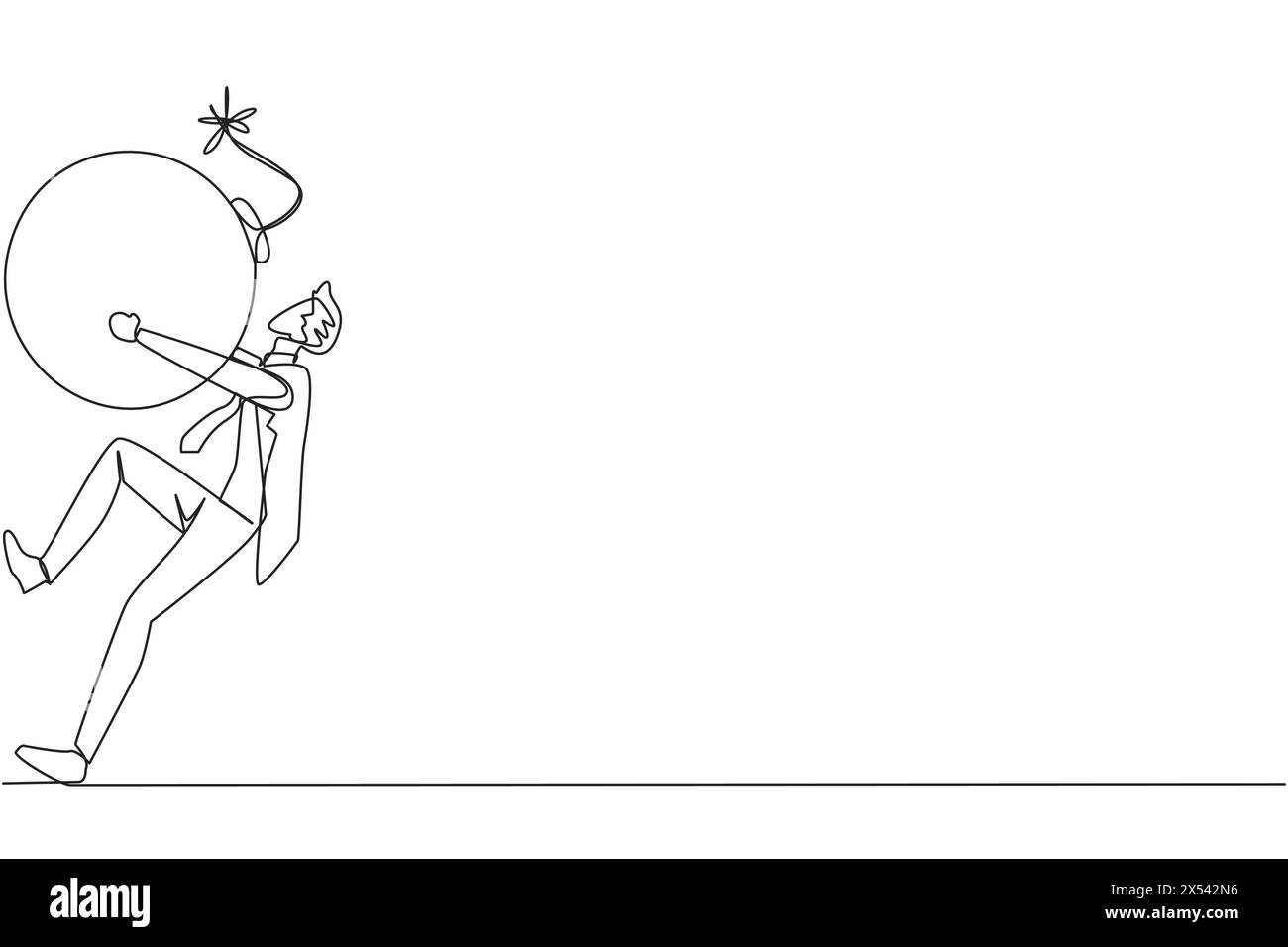 Una linea continua che disegna un giovane uomo d'affari che porta una bomba con una miccia in fiamme. Il concetto di tenere il pericolo lontano dall'ambiente aziendale Illustrazione Vettoriale