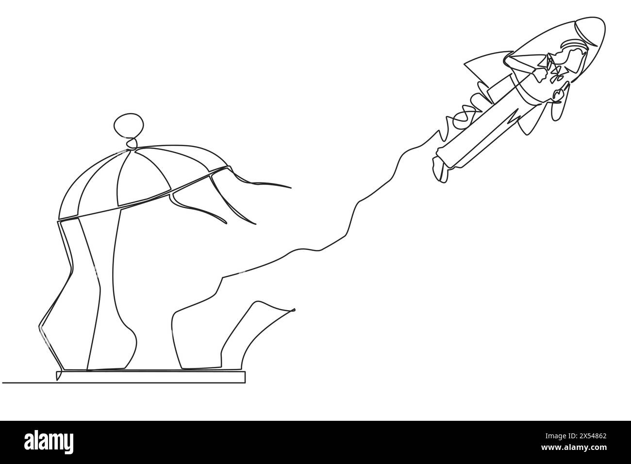 Una sola linea che attira un uomo d'affari arabo che vola con un razzo e rompe la gabbia. Libero dalle trappole. Ottenere un booster per continuare l'attività. Autobus Illustrazione Vettoriale