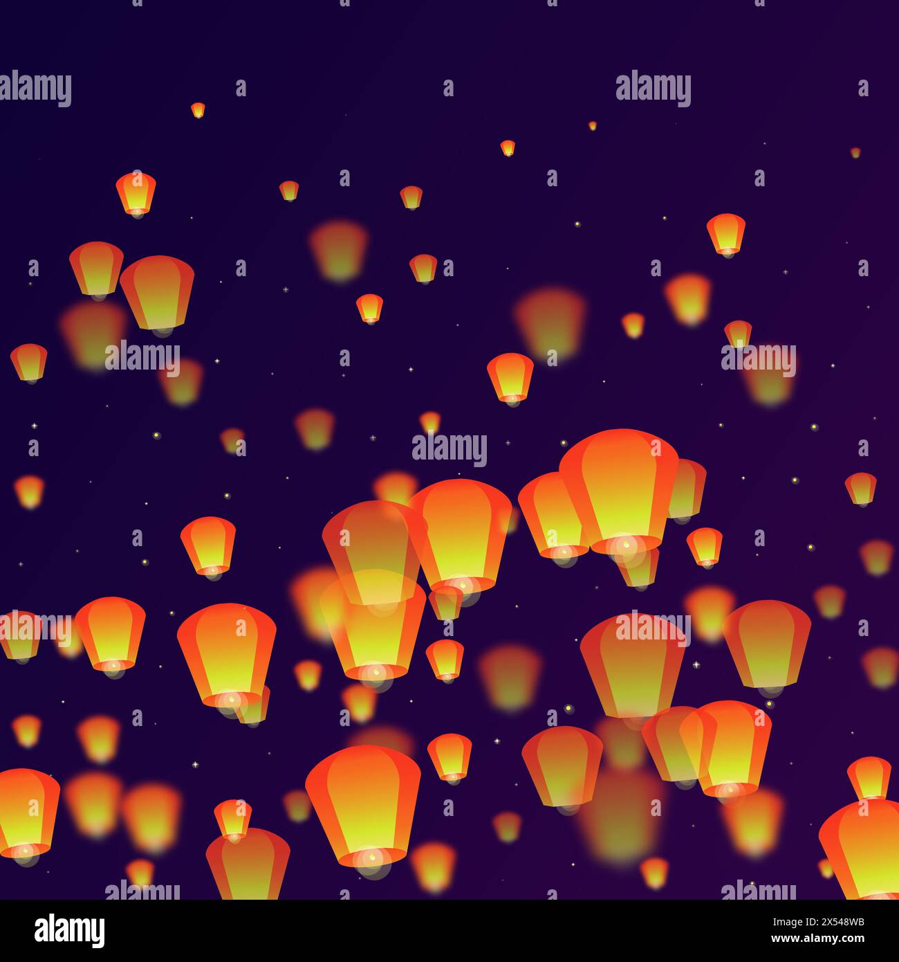 Lanterne che fluttuano nel cielo notturno. Vacanze in Thailandia con lanterne di carta che volano nel cielo notturno. Celebrazioni per il festival delle lanterne. Vettore i Illustrazione Vettoriale