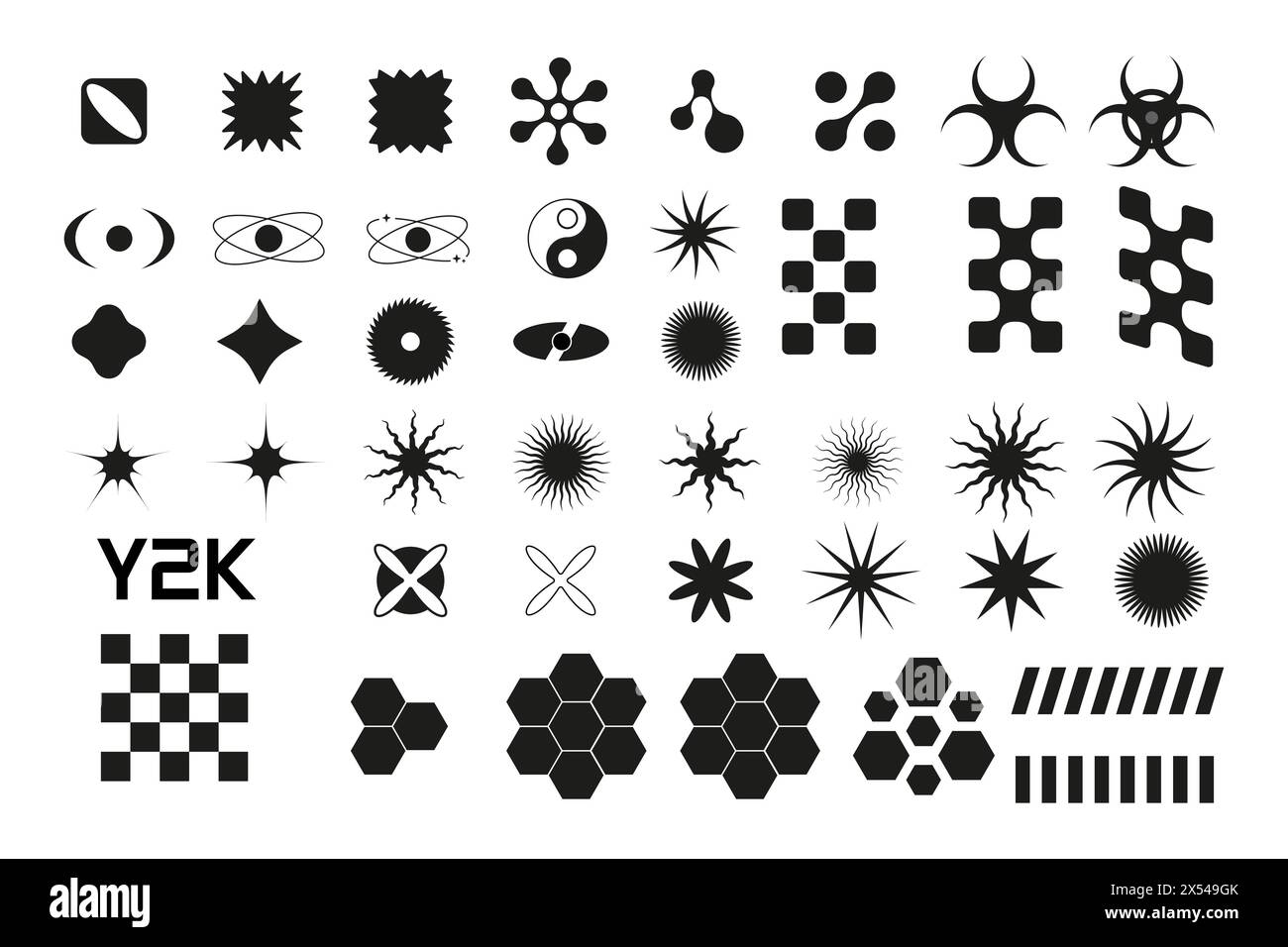 Set bianco riempie forme geometriche nere y2k, 3d . Vettore per poster Illustrazione Vettoriale