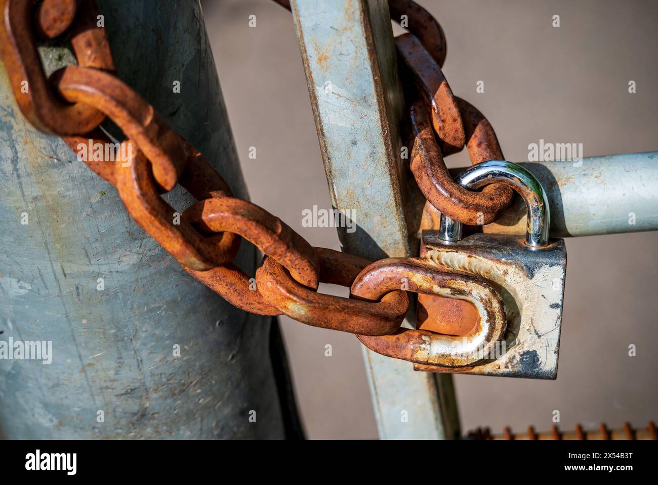 Lucchetto con catena arrugginita. Foto Stock