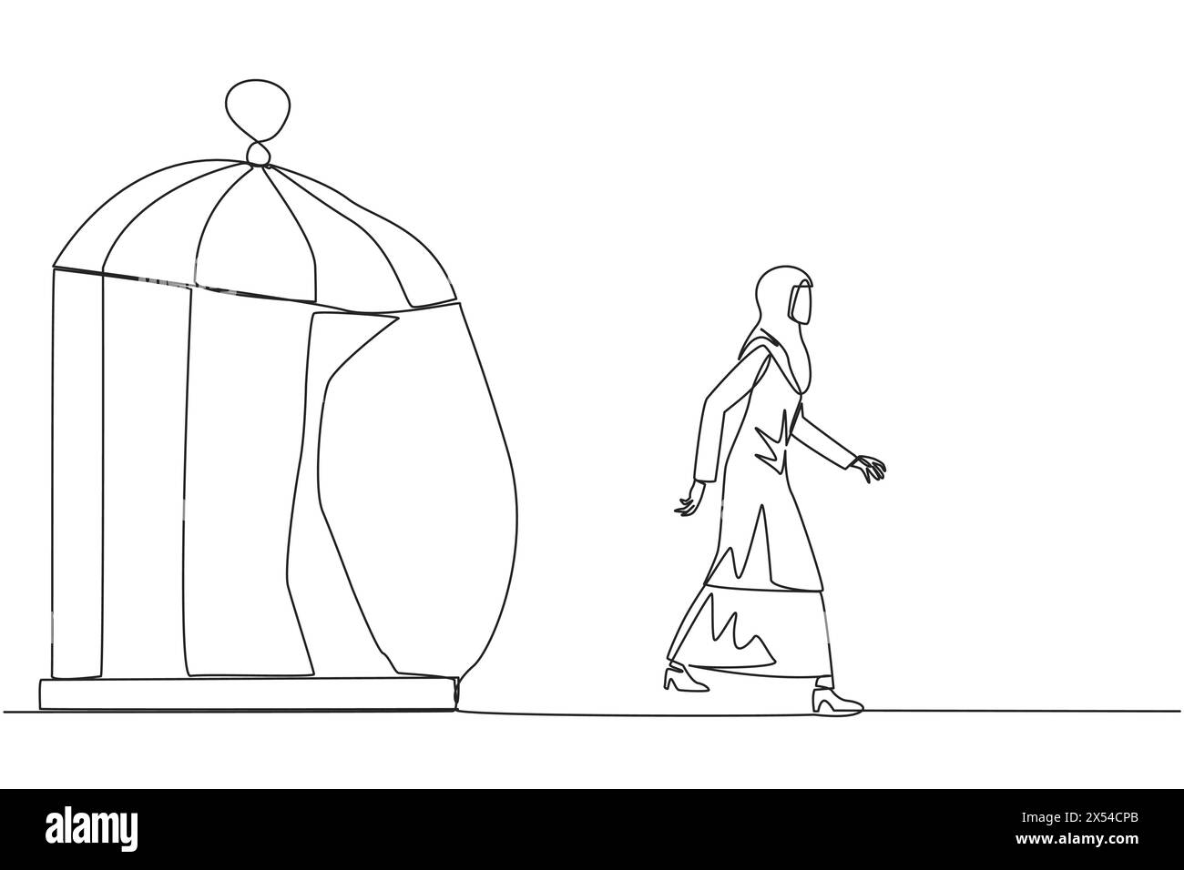 Una linea continua che attira una donna d'affari araba intrappolata nella gabbia e che cammina penetra nella gabbia. Metafora alla ricerca di nuove sfide ed esperienze per la scommessa Illustrazione Vettoriale