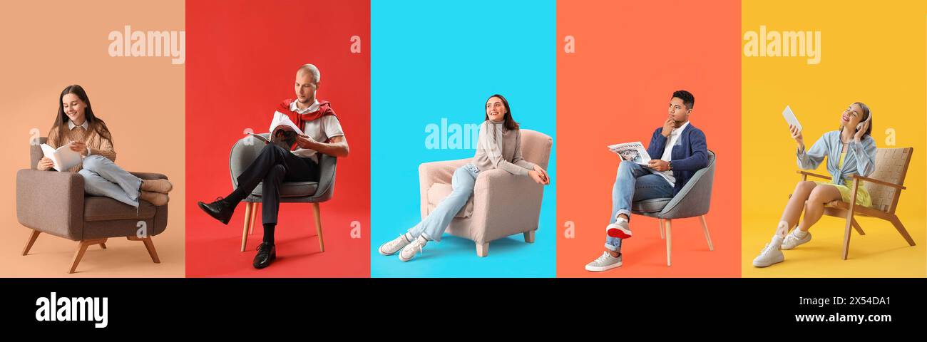 Collage di giovani seduti in comode poltrone su sfondo colorato Foto Stock