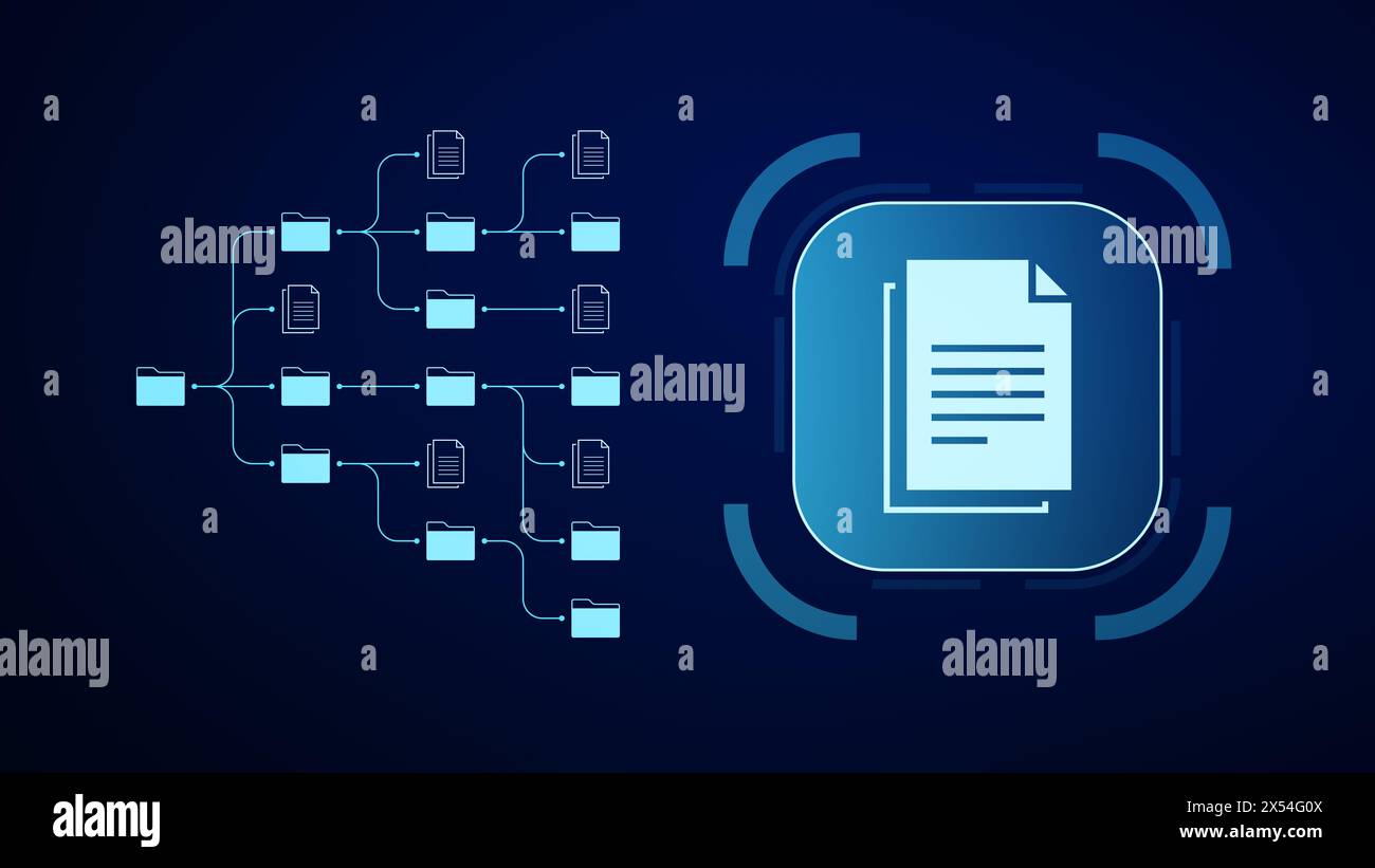 Sistema di gestione dei documenti che utilizza l'intelligenza artificiale per processi automatizzati, migliorando la produttività del flusso di lavoro e l'organizzazione. Immagine della trasformazione digitale Foto Stock