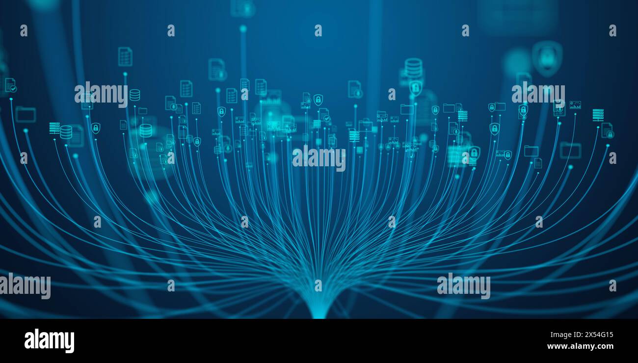 Connettività dati con sistema di gestione automatica dei documenti. Trasformazione digitale basata sull'intelligenza artificiale per le aziende. Tecnologia per i big data. Illustrazione con i Foto Stock