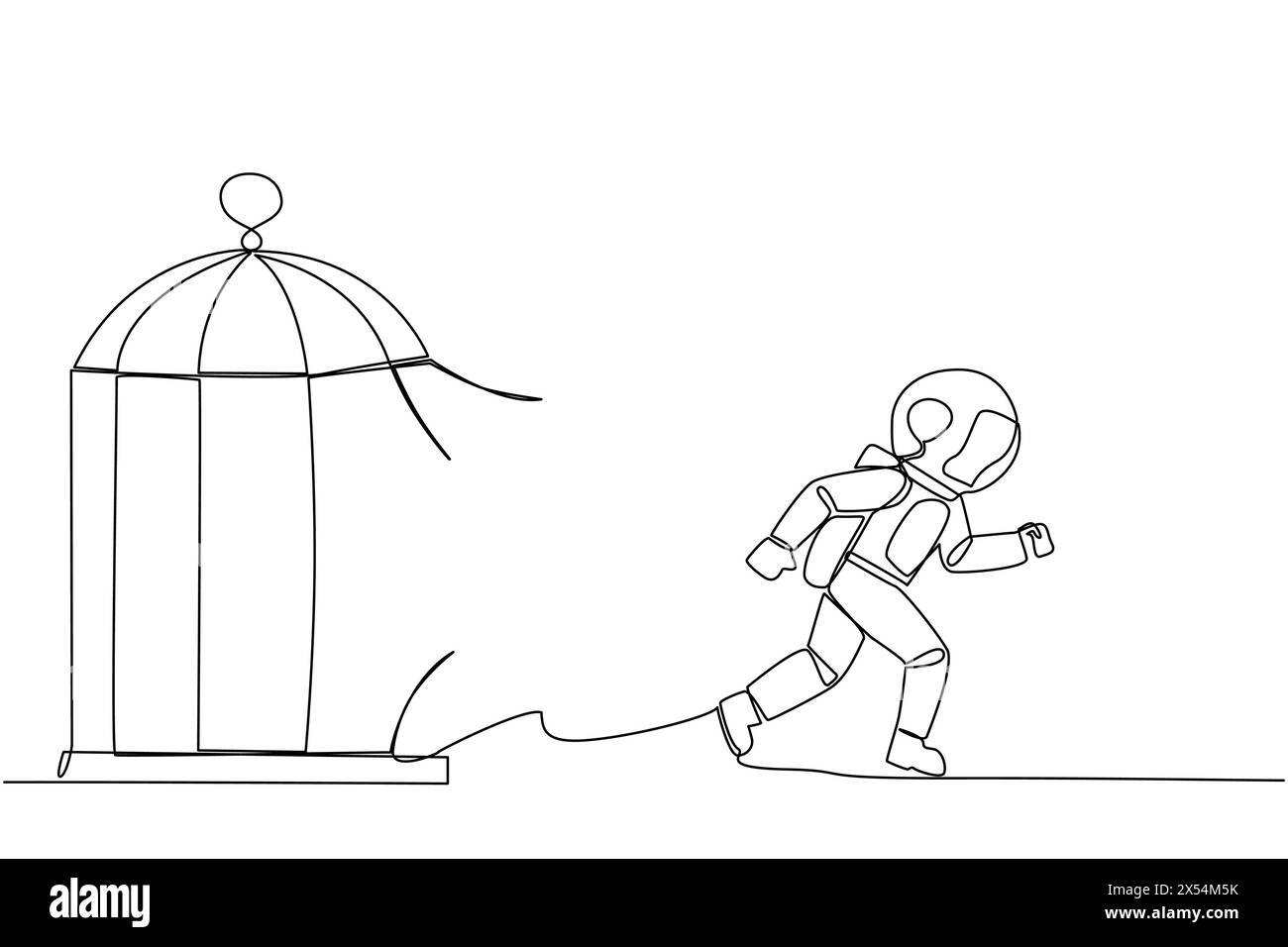 Una sola linea che disegna un giovane astronauta intrappolato nella gabbia che corre attraverso la gabbia. La metafora penetra nel limite massimo di sé. Desiderio di avere successo Illustrazione Vettoriale