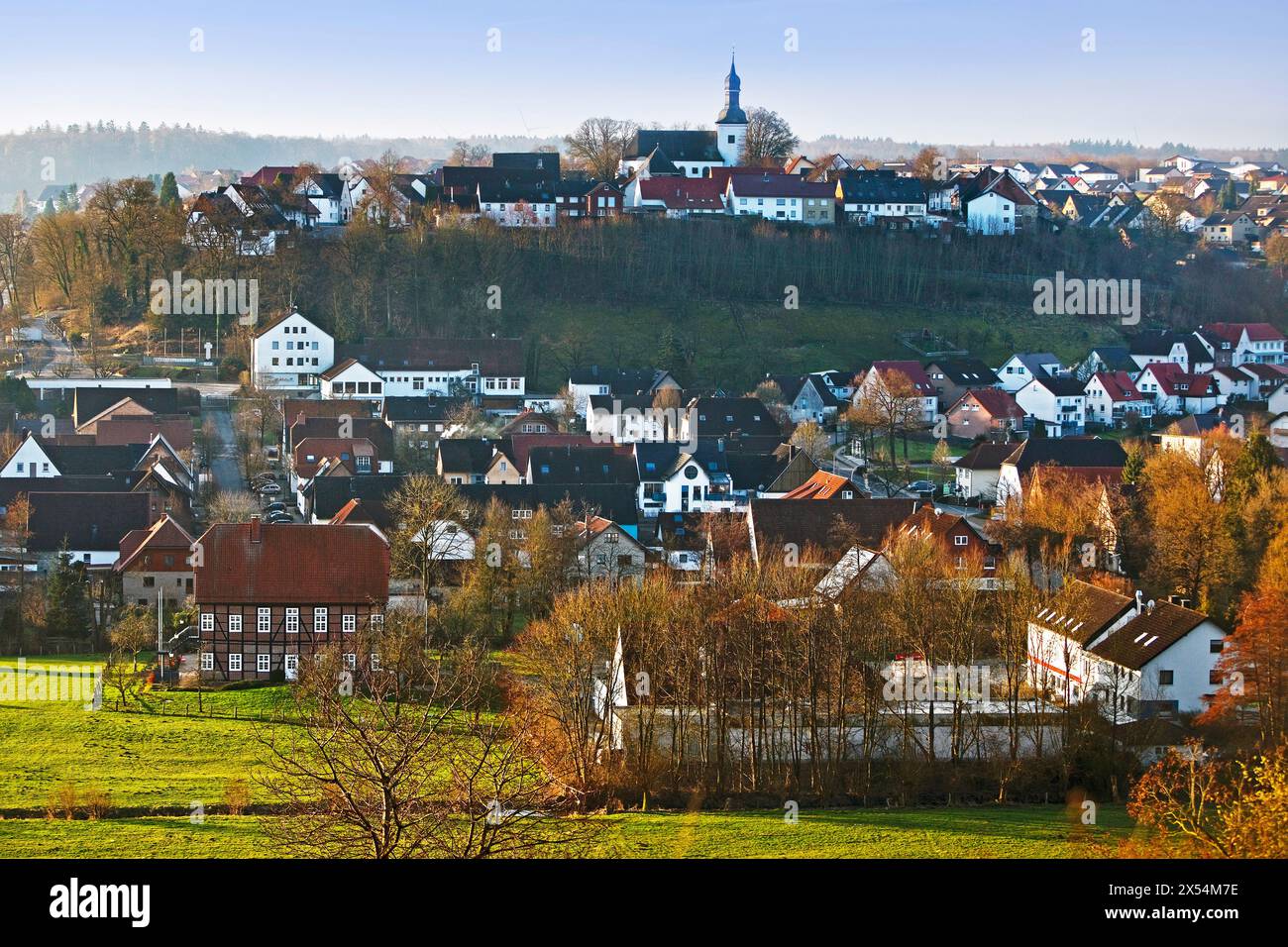 Vista sulla città con la chiesa parrocchiale di Sant'Antonio, Germania, Renania settentrionale-Vestfalia, Bad Wuennenberg Foto Stock