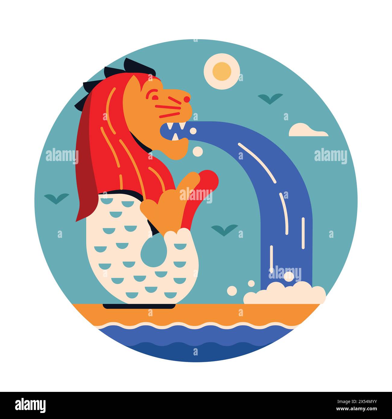 Icona del Singapore Merlion Circle in Flat Illustrazione Vettoriale