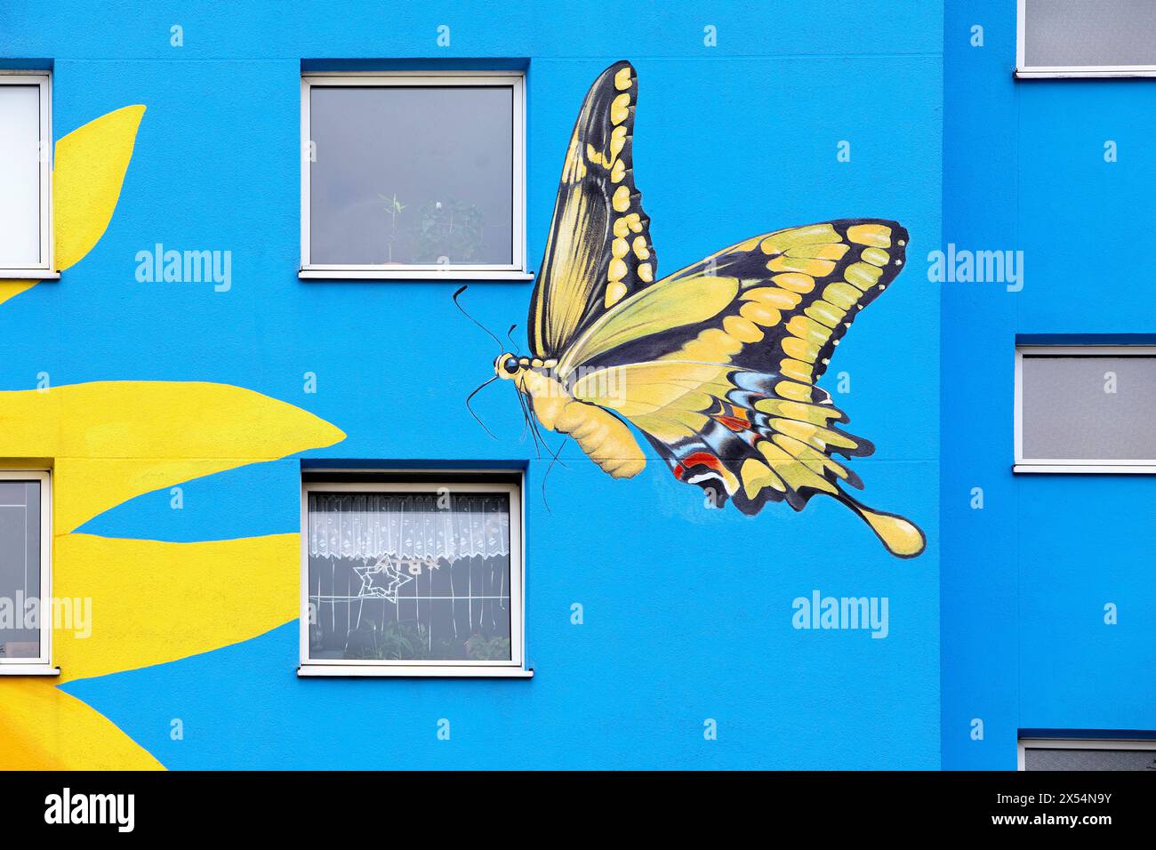 Coda di rondine (Papilio machaon), casa dei girasole, coda di rondine, dipinta sulla facciata di un alto edificio, Germania, Renania settentrionale-Vestfalia, Bergische Foto Stock