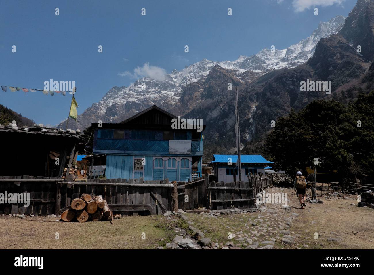 Trekking nel tradizionale villaggio tibetano di Ghunsa sul campo base di Kangchenjunga (Kanchenjunga), trekking, Ghunsa, Nepal Foto Stock