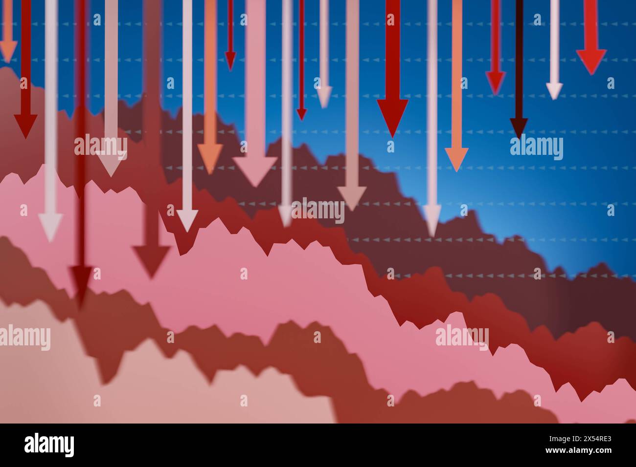 Trend negativo, grafici in calo e frecce rosse verso il basso. Trend negativo, grafici in calo e frecce rosse verso il basso. Dati di mercato, grafico in calo, mercato azionario c Foto Stock