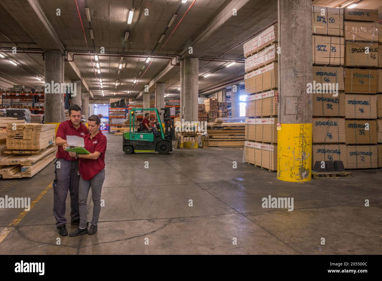 Dipendenti di un magazzino di legname che controlla la merce all'interno della fabbrica Foto Stock